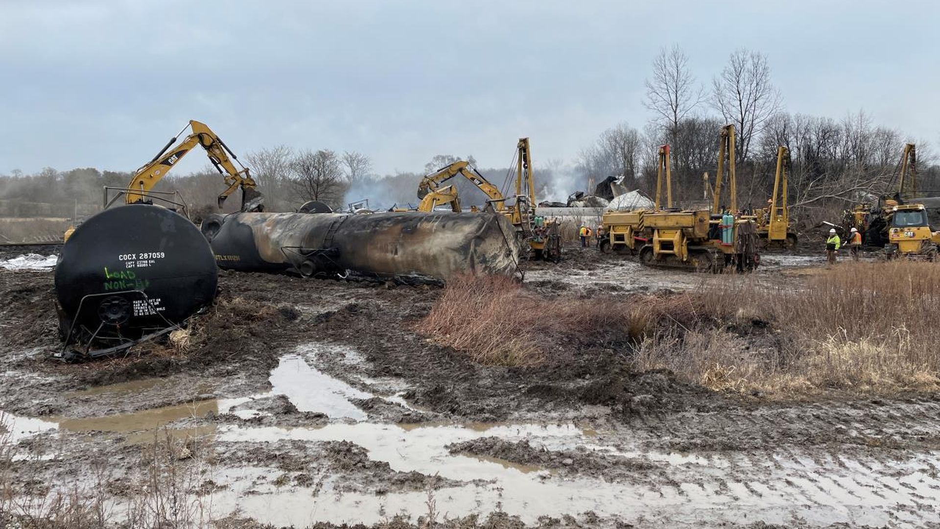 The site of the train derailment in East Palestine, Ohio, on Feb. 17.