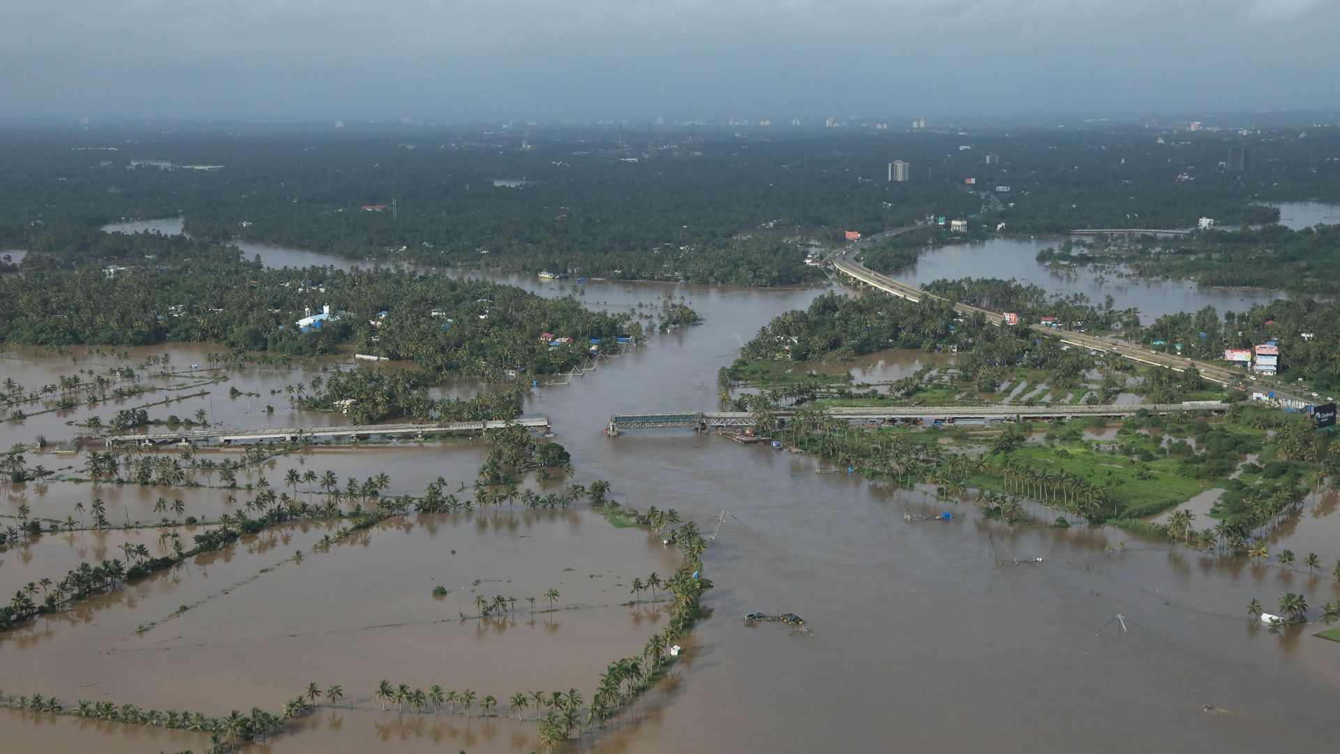 Aerial view of flooded area in the north part of Kochi, in the Indian state of Kerala on Saturday. Photo: AFP/Getty Images