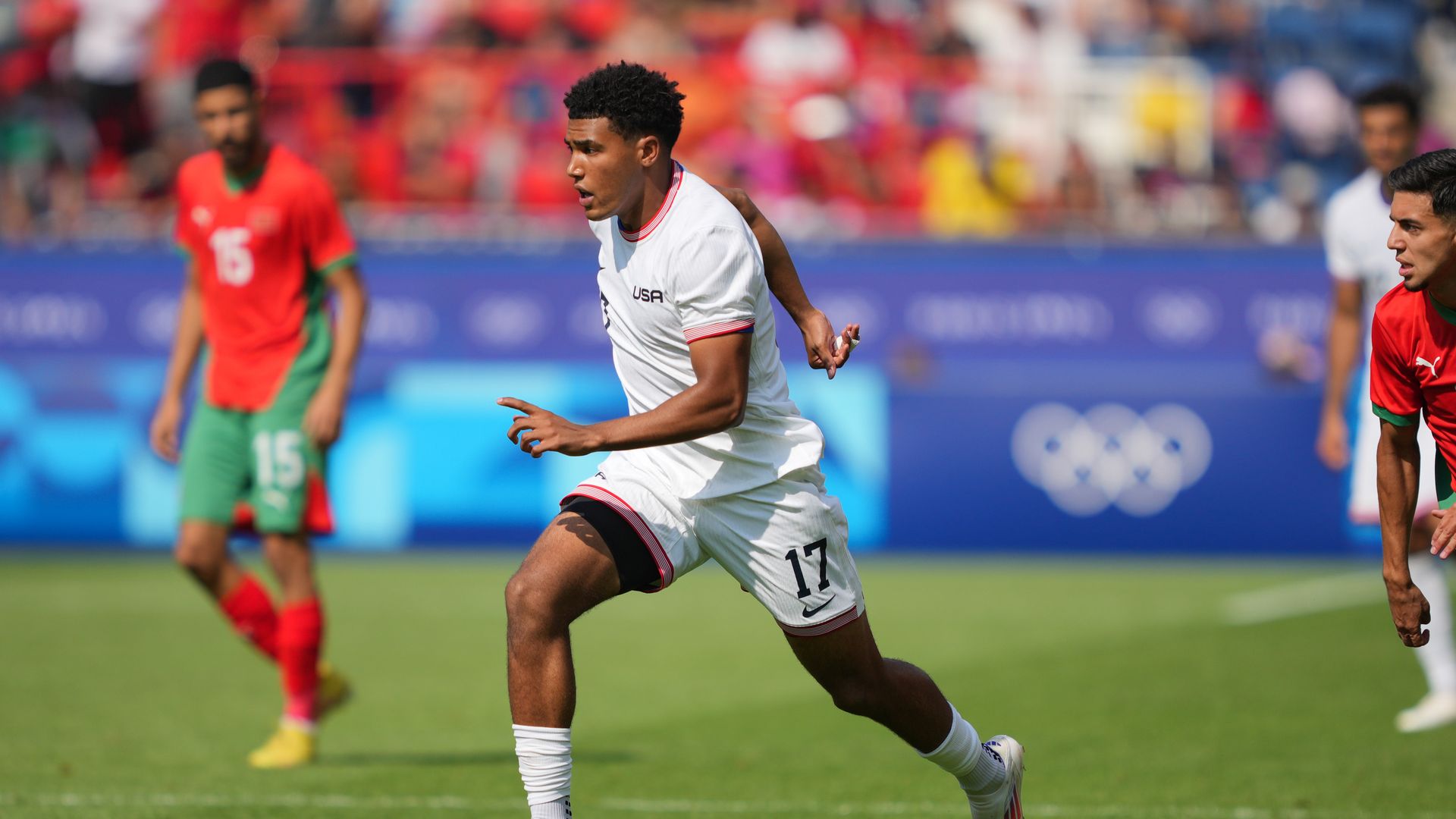 Caleb Wiley #17 of the United States advances the ball during the second half against Morocco during the Men's Quarter Final match during the Olympic Games Paris 2024 at Parc des Princes on August 02, 2024 in Paris, France. (Photo by John Todd/ISI/Getty Images)