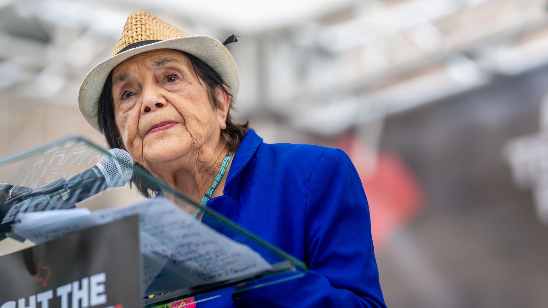 Co-founder of the United Farm Workers Association, Dolores Huerta speaks during the "Stop the Trump takeover" demonstration outside of the State Capitol on August 16, 2025 in Austin, Texas. 