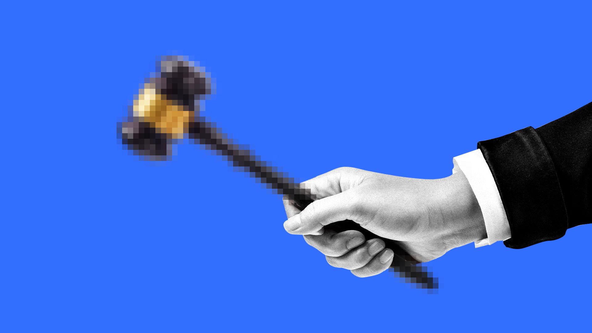 Illustration of a hand holding a pixelated gavel.
