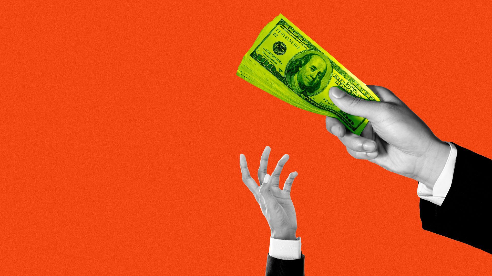 Illustration of a big hand holding a stack of money out of reach of a smaller hand