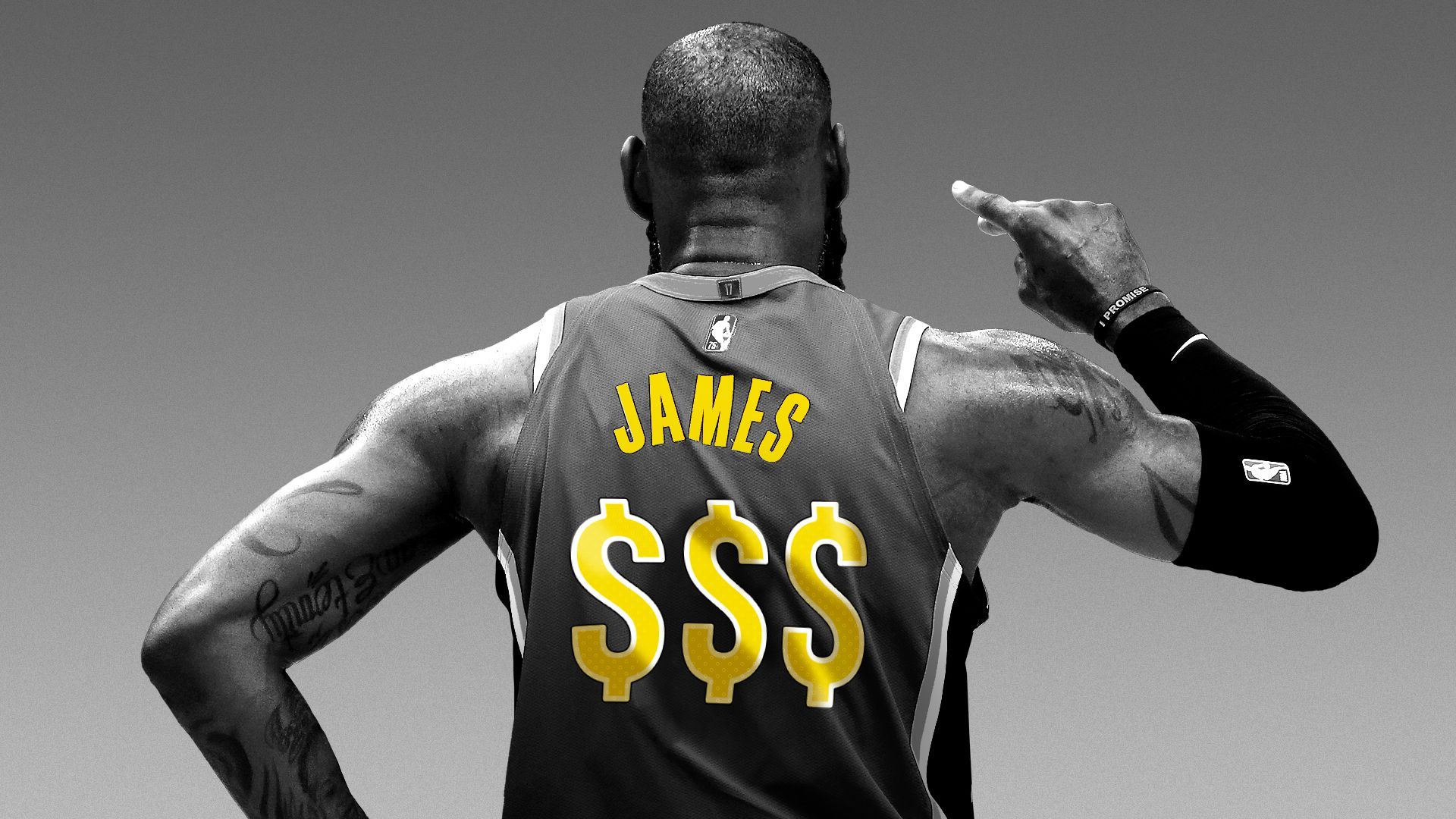 Photo illustration of Lebron James from behind with dollar signs on his jersey