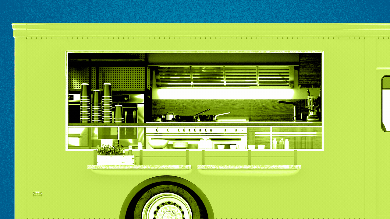 Illustration of a food truck with its grate closing, and a no-sign on the grate. 
