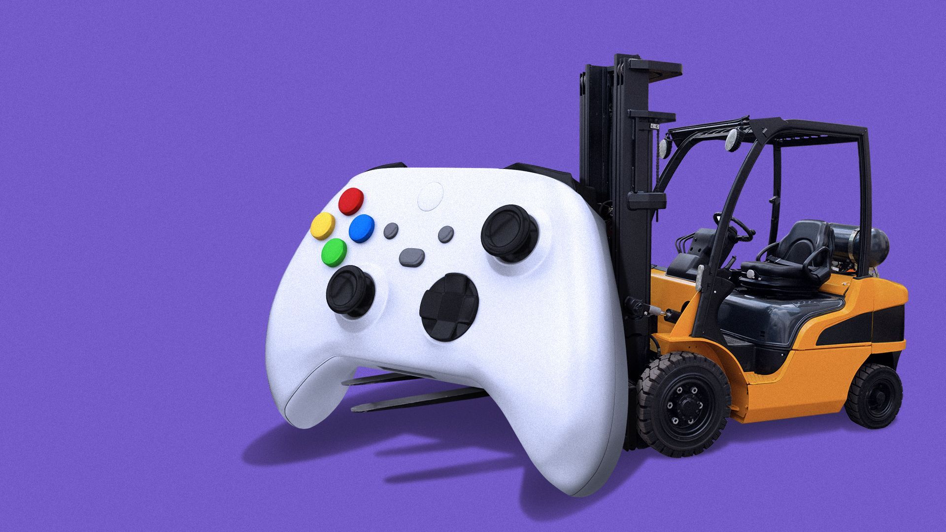 Illustration of a forklift carrying a game controller.