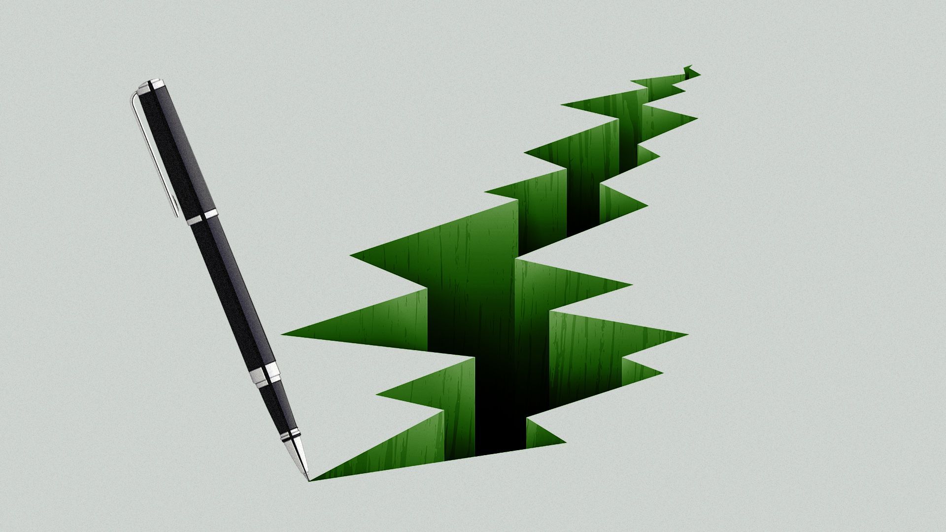 Illustration of the tip of a pen touching a jagged fault line