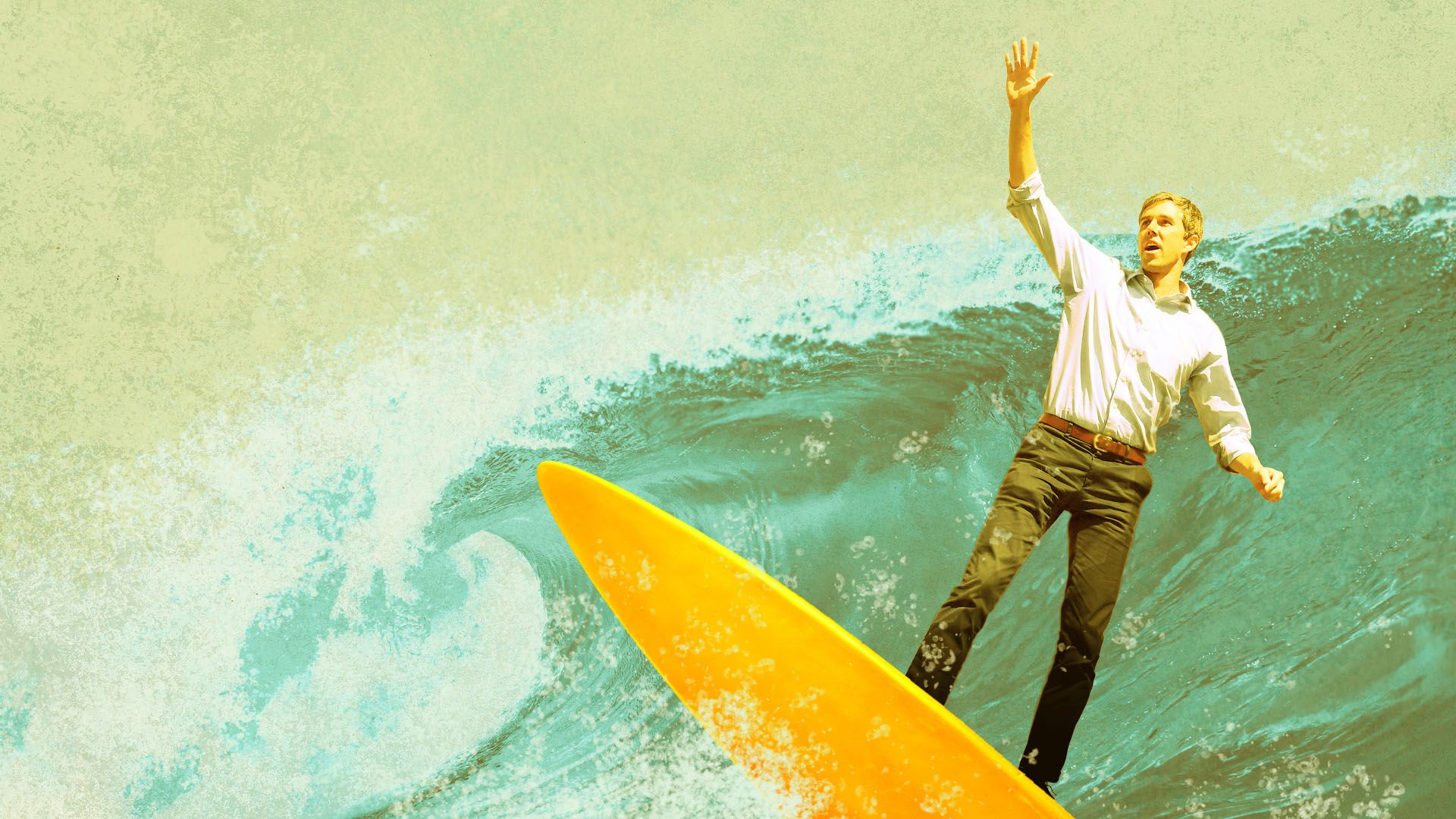Illustration of Beto O'Rourke surfing a wave