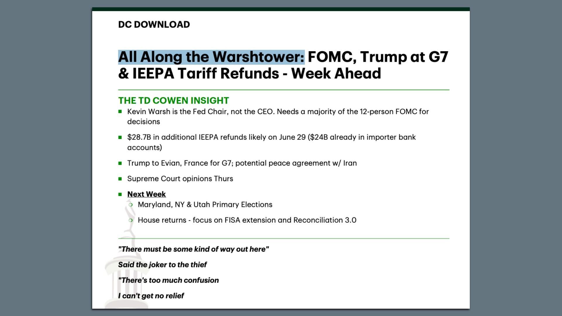 Silly pun on Kevin Warsh's name in a TD note