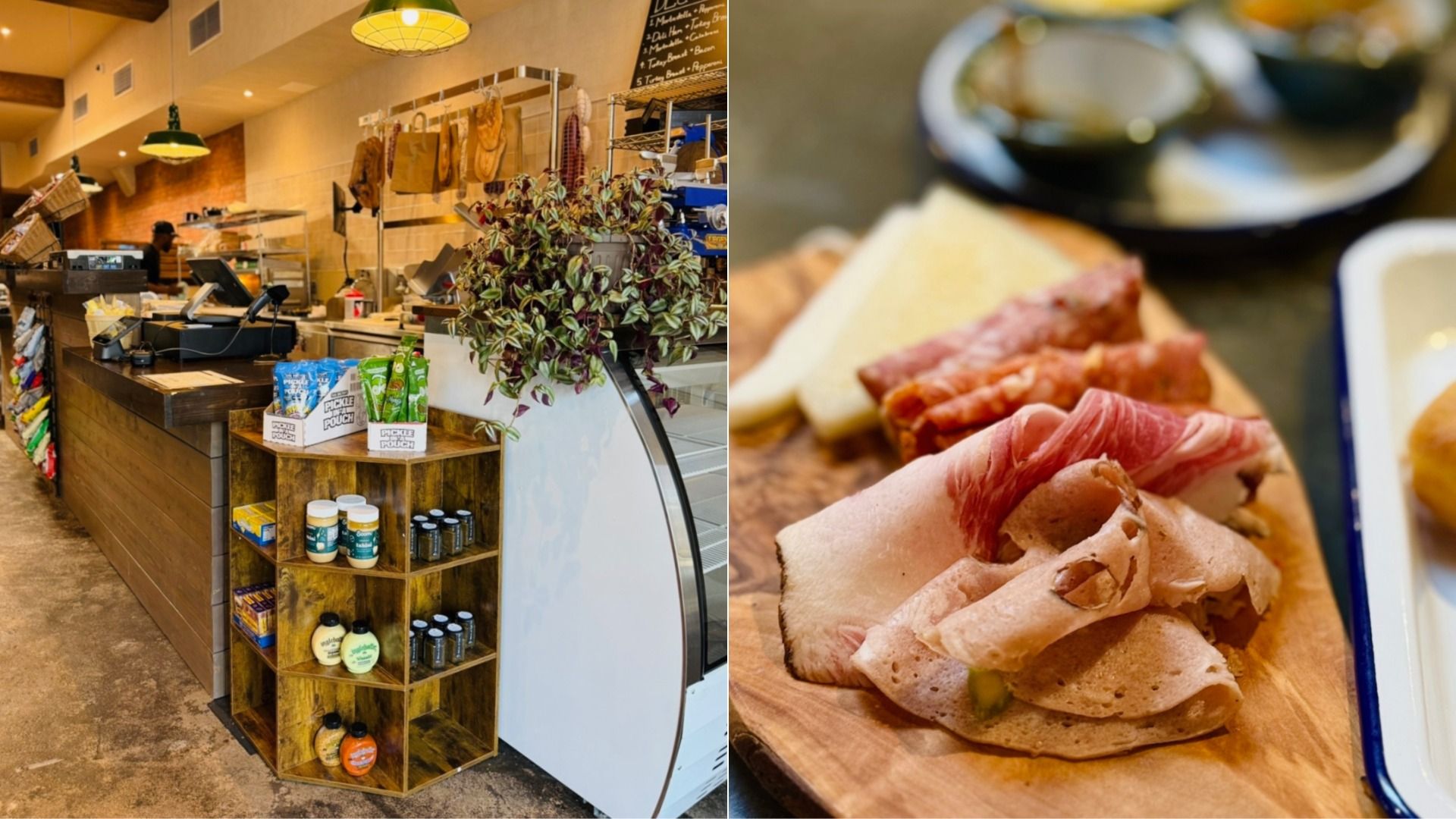 Inside a warm deli: a counter with hanging cured meats, a plant, and shelves of snacks; on the right, close-up of sliced ham and bread on a wooden board.