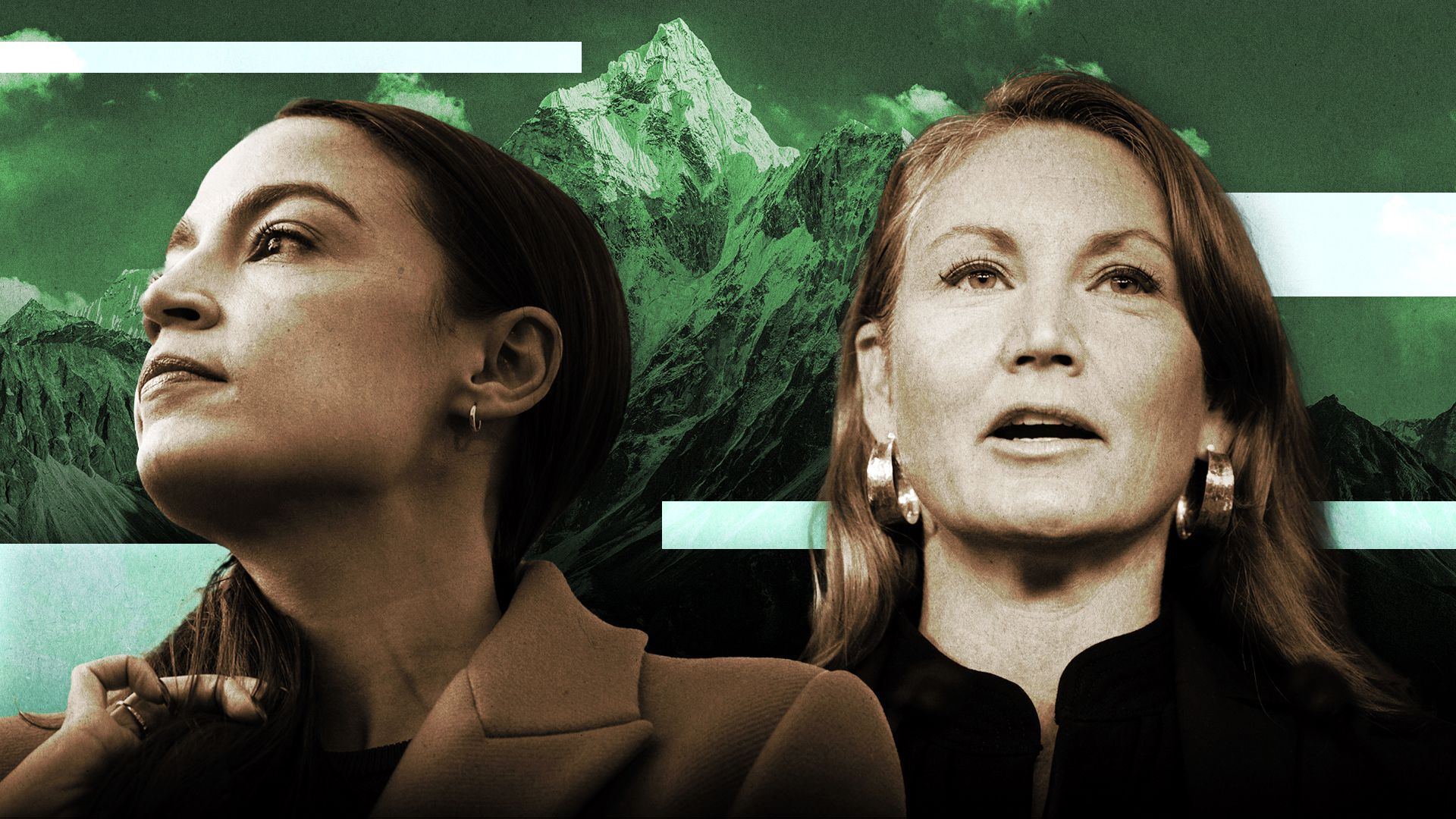 Photo illustration of Reps. Alexandria Ocasio-Cortez and Melanie Stansbury with a mountain in the background.