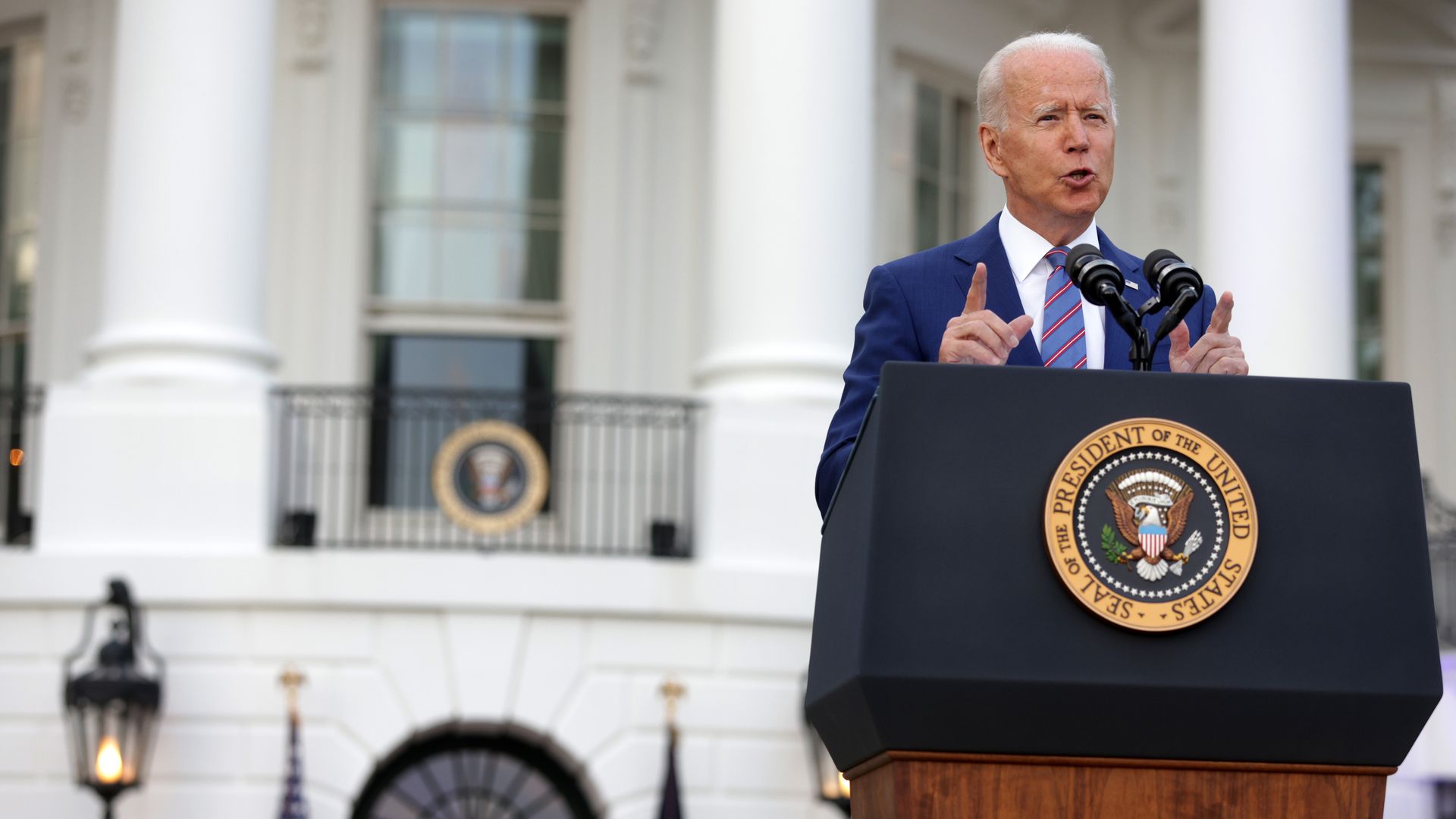 President Joe Biden speaks during a Fourth of July BBQ event to celebrate Independence Day at the South Lawn of the White House July 4, 2021 in Washington, DC.