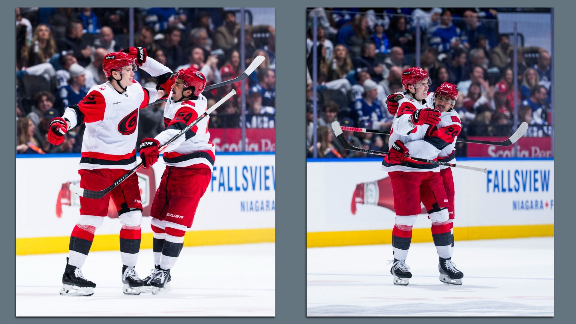Seth Jarvis #24 congratulates Alexander Nikishin #21 of the Carolina Hurricanes on scoring an overtime winning goal against the Toronto Maple Leafs at Scotiabank Arena on March 20, 2026.