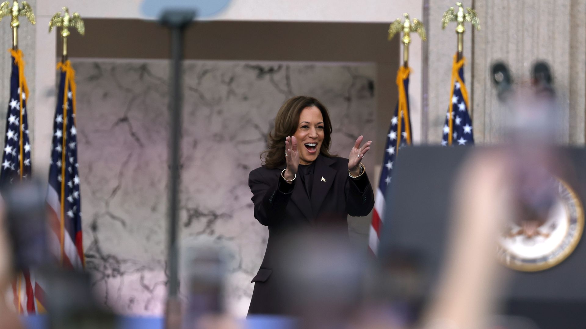 Democratic presidential nominee, U.S. Vice President Kamala Harris arrives to speak on stage at Howard University on November 06, 2024 in Washington, DC. After a contentious campaign focused on key battleground states, the Republican presidential nominee, former U.S. P