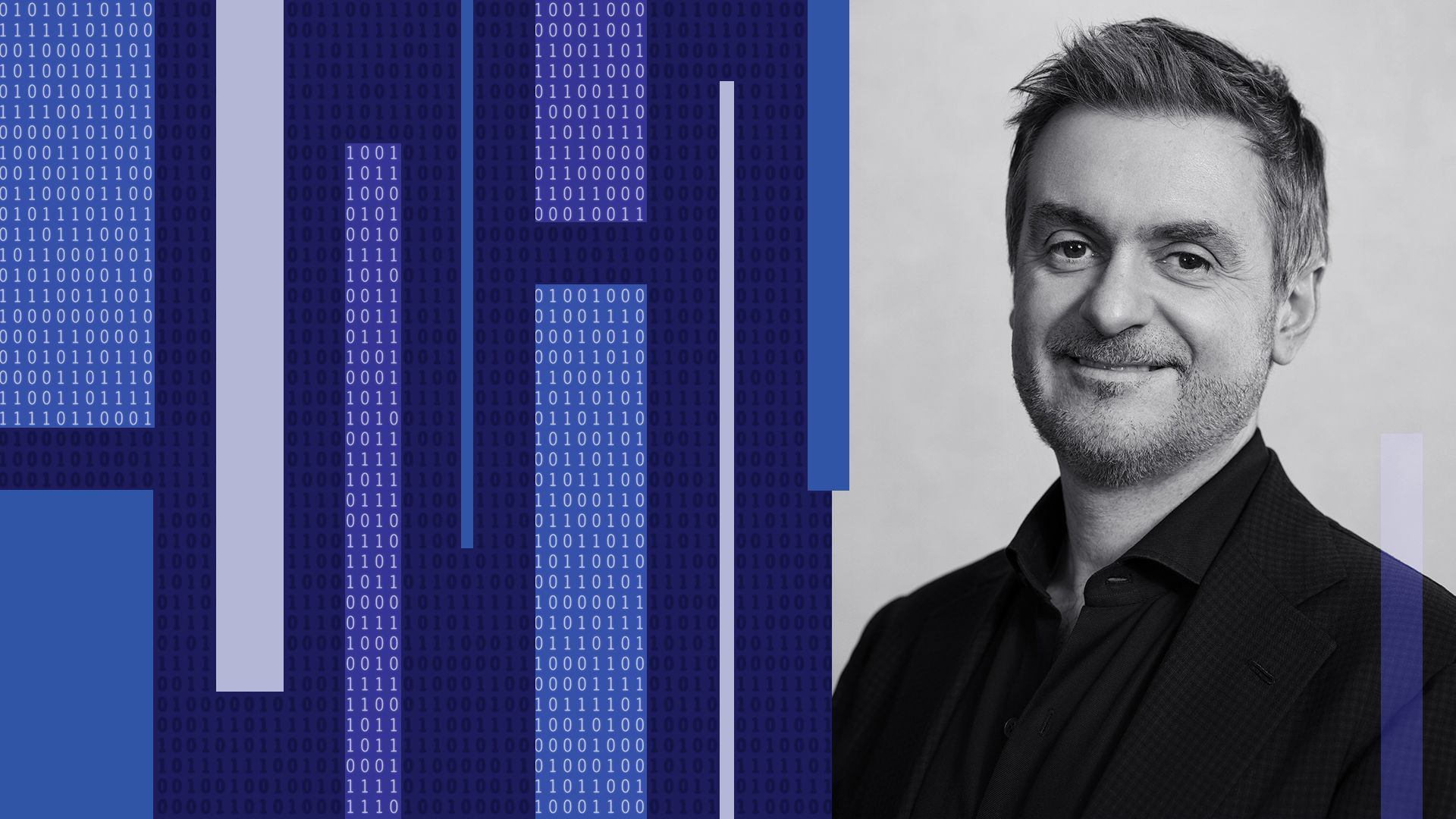 photo illustration of Marco Argenti of Goldman Sachs surrounded by binary code and rectangles