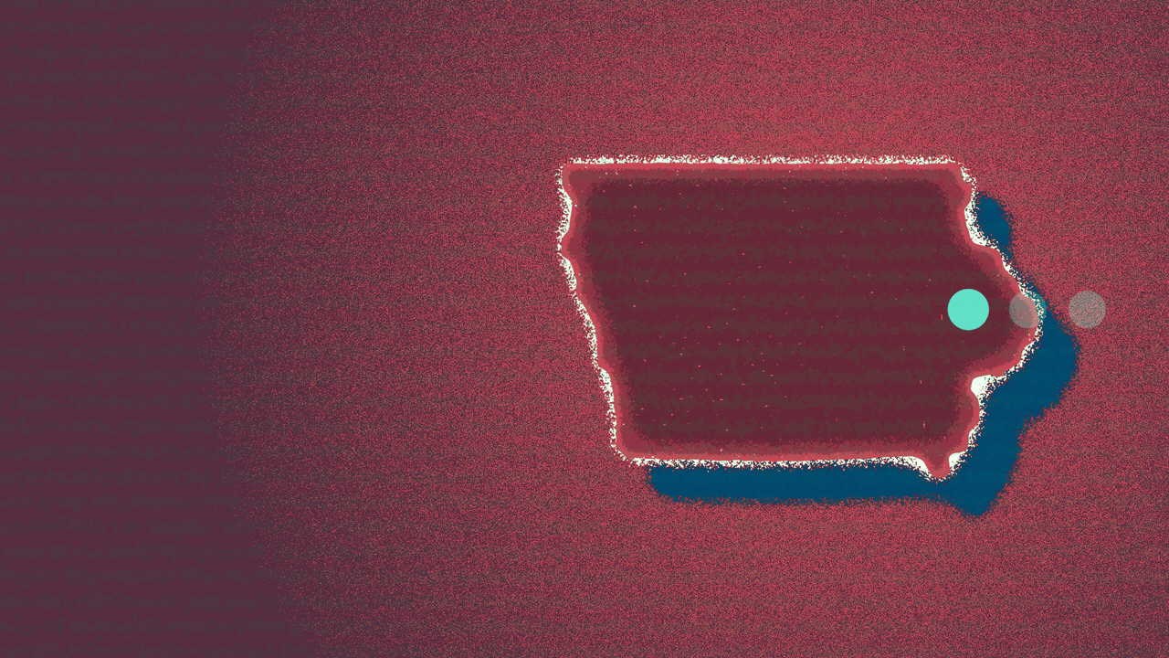 Animated illustration of the state of Iowa glitching, with an ellipsis cycling through its dots on top of it.