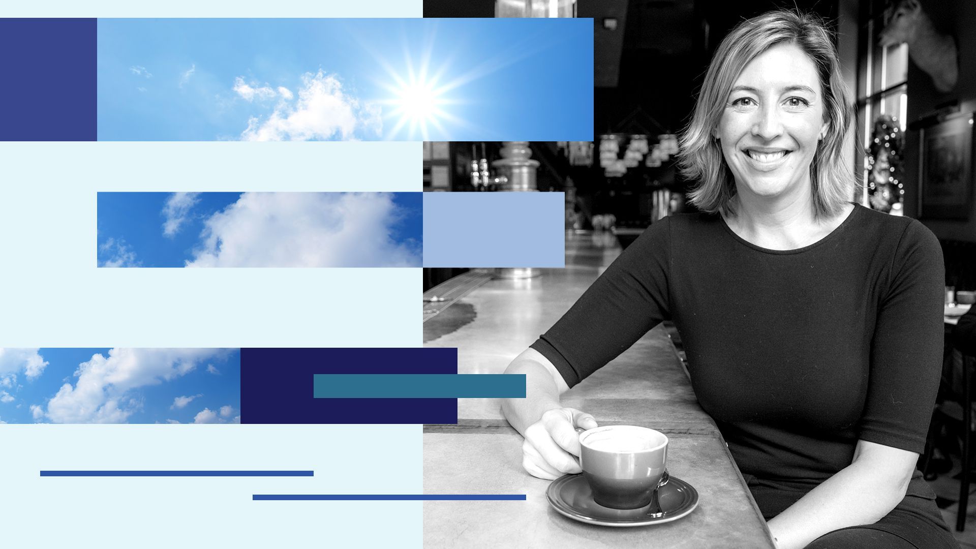 Photo illustration of Molly Wood with collage of shapes and skies. 