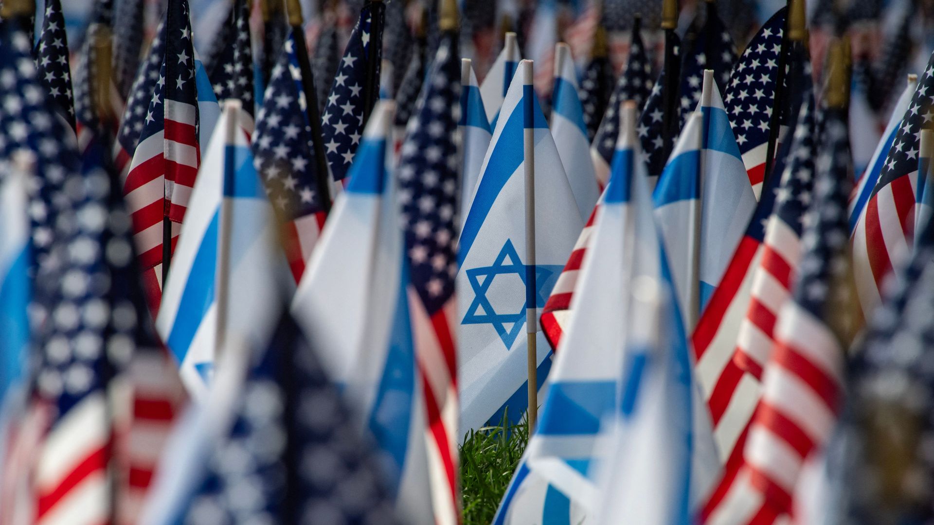 Israeli and American flags in a field 