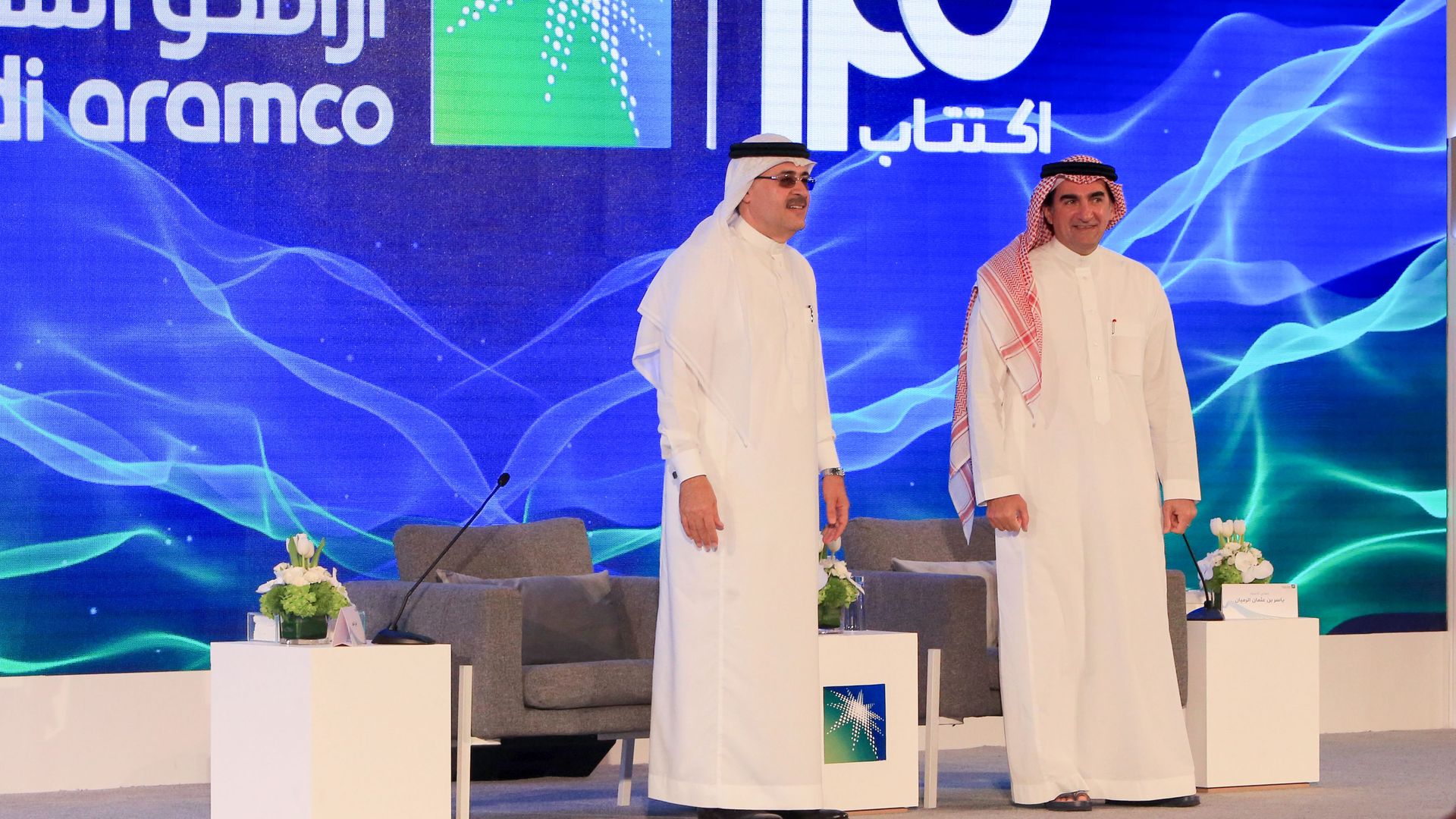 President and CEO of Saudi Aramco Amin Nasser (left), and Aramco's chairman Yasir al-Rumayyan (right).