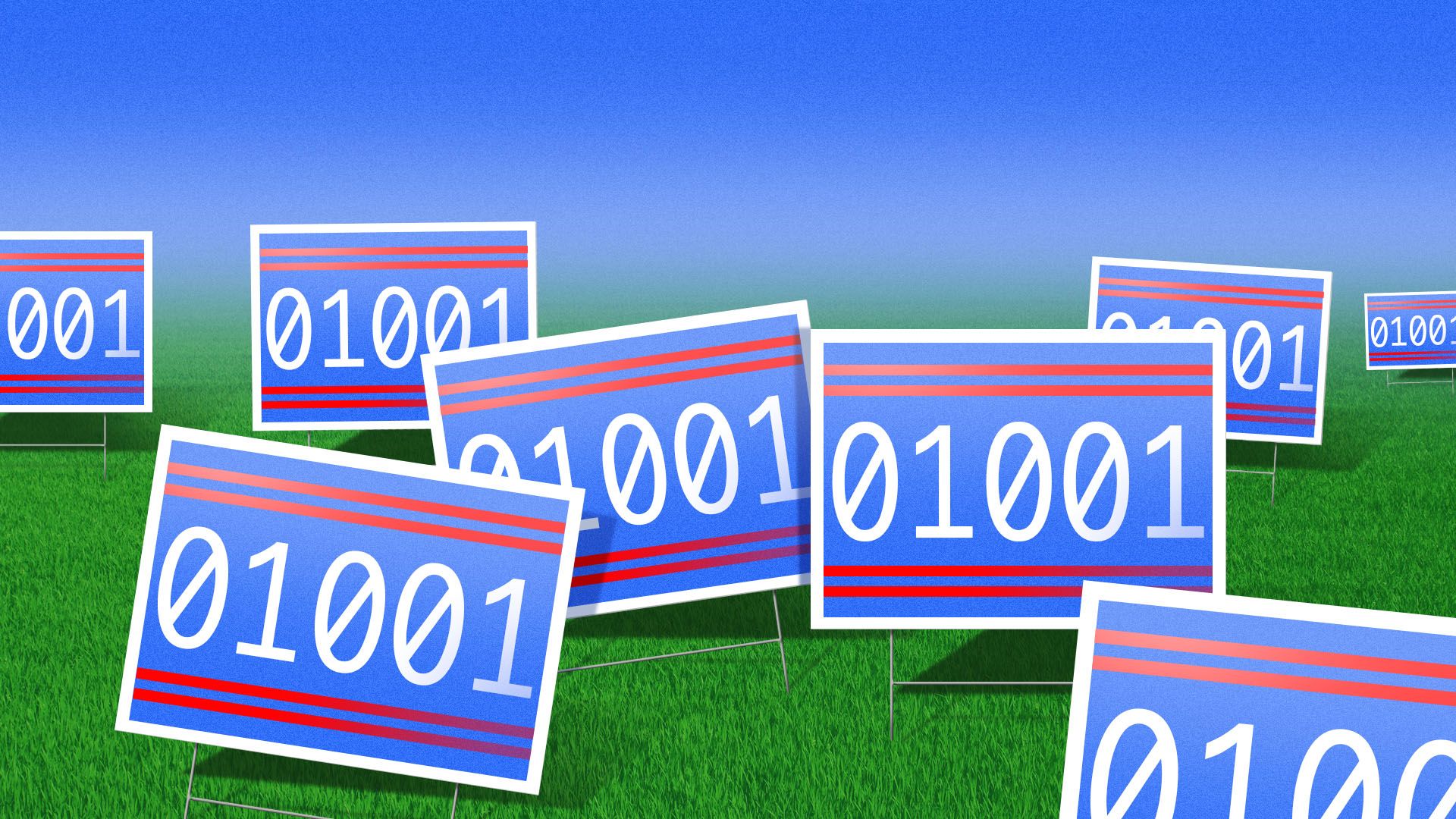 Illustration of multiple blue yard signs with white binary code 01001 and red stripes, placed on green grass under a clear blue sky.