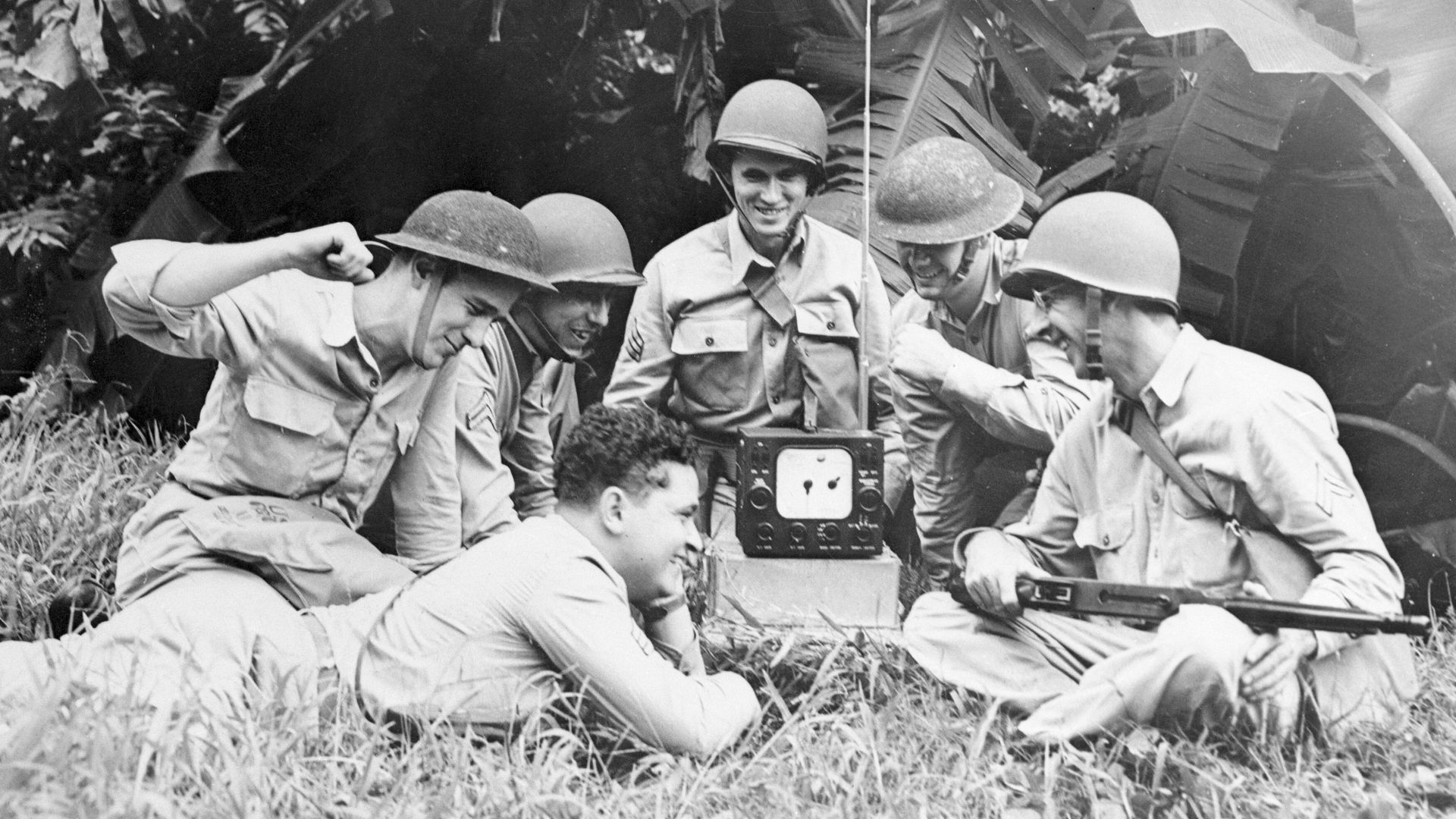 Soldiers listen to the World Series