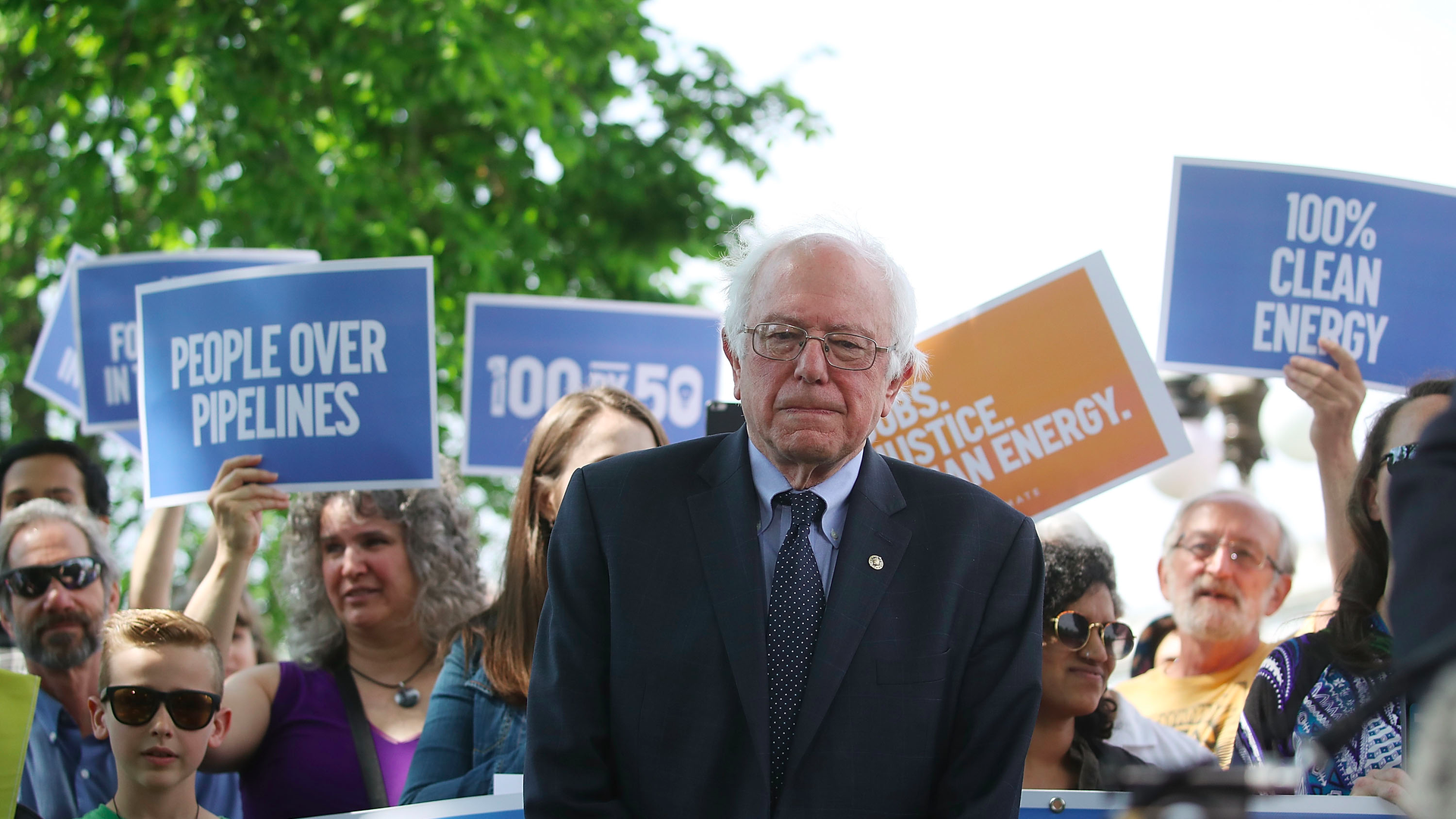 Photo of Bernie Sanders with supporters in background