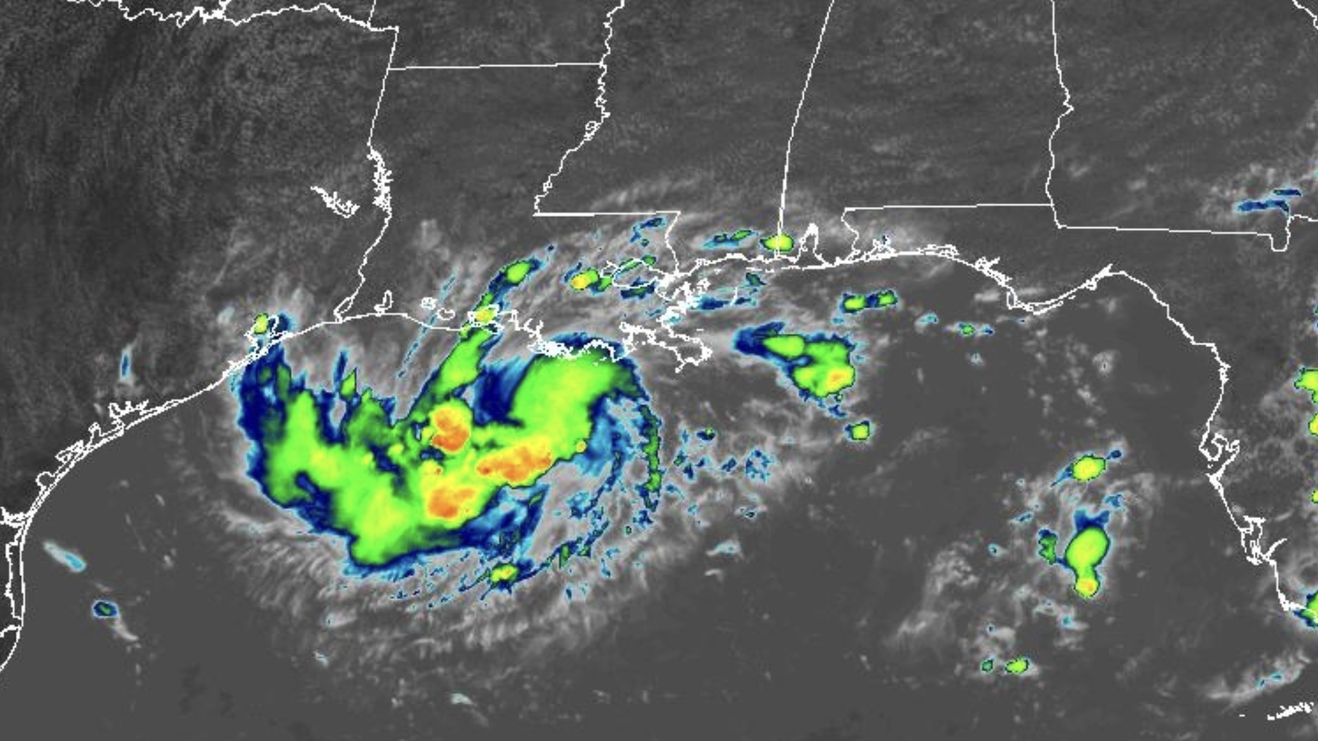 Image shows the satellite view of a tropical depression with rain bands over the Gulf, Louisiana and Texas.