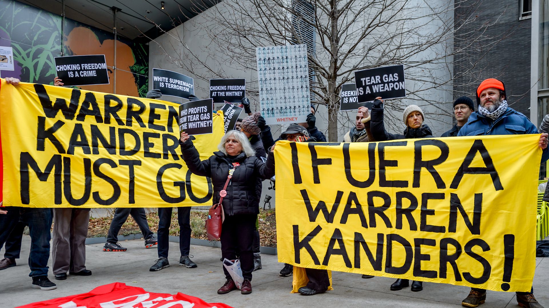 Activists took over the lobby at the Whitney Museum.
