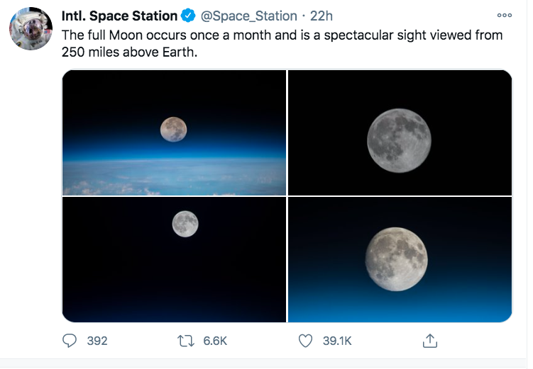 Screen shot of Twitter post from ISS of moon