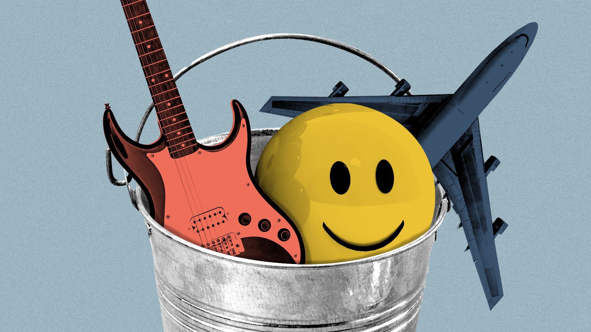 Illustration of a bucket filled with an airplane, a guitar, and a smiley-face ball.