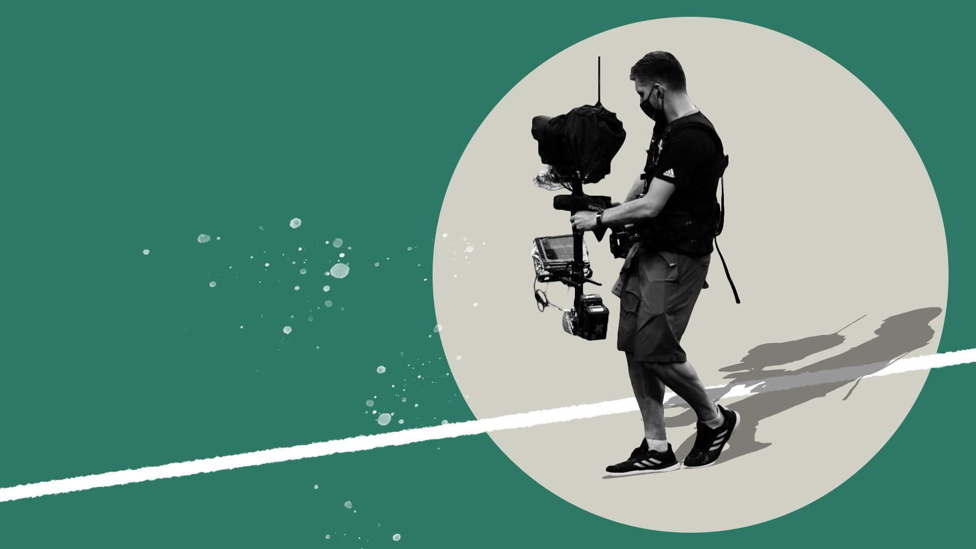 Photo illustration of a camera man against an abstract background