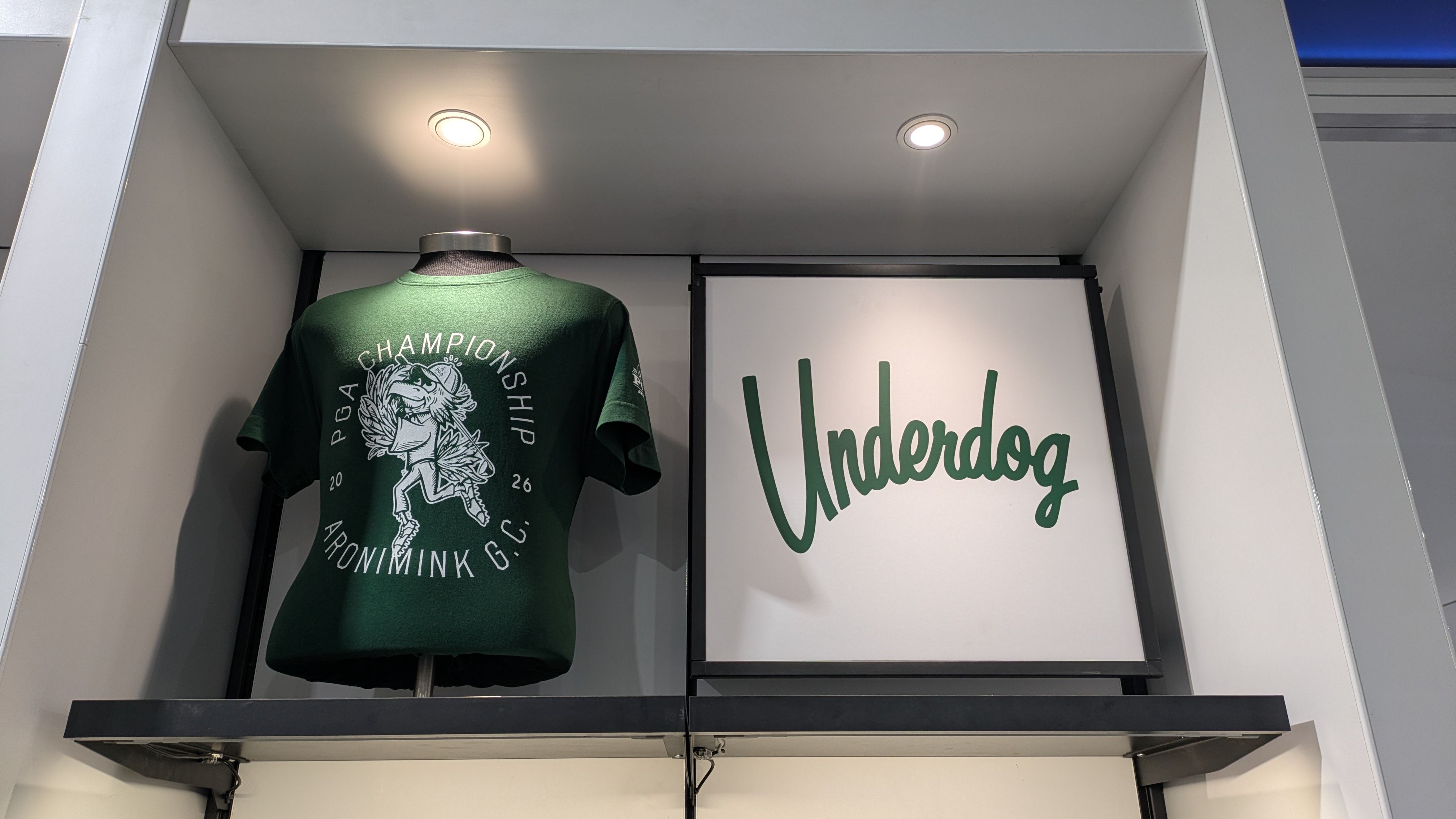 Green T-shirt on a mannequin in a store display, showing a graphic design of a running character; beside it, a white panel with green cursive text reads "Underdog", under two ceiling lights.