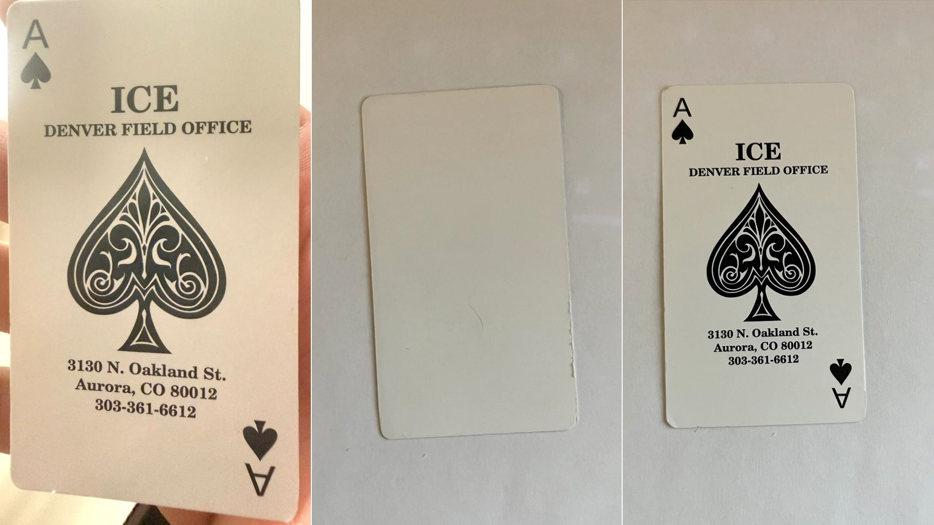 Ace of spades card with black ornate spade symbol and text "ICE Denver Field Office" above, address and phone number below, shown from front and blank back on white surface.