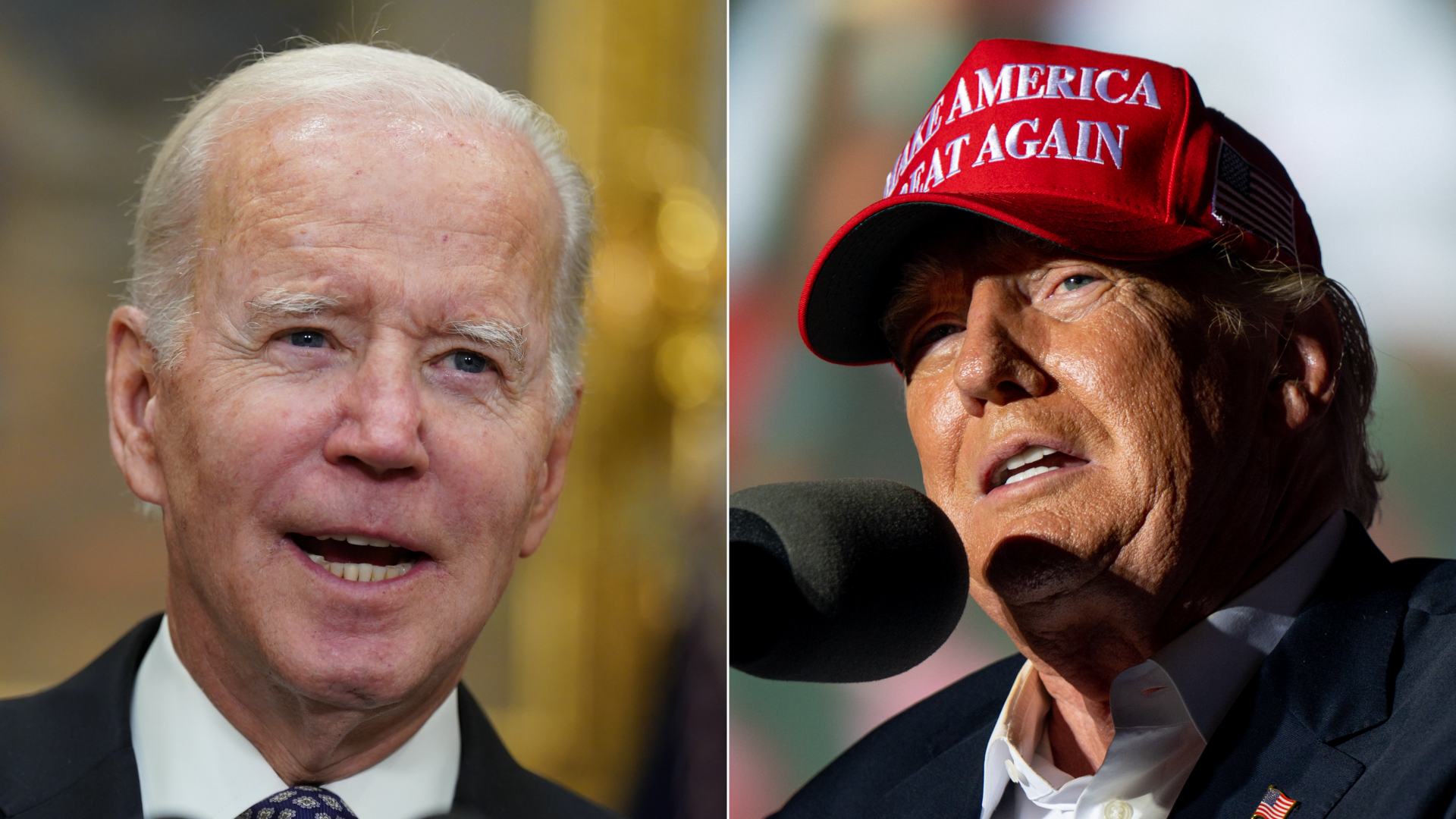 A collage featuring a photo of President Joe Biden and one of former President Donald Trump.