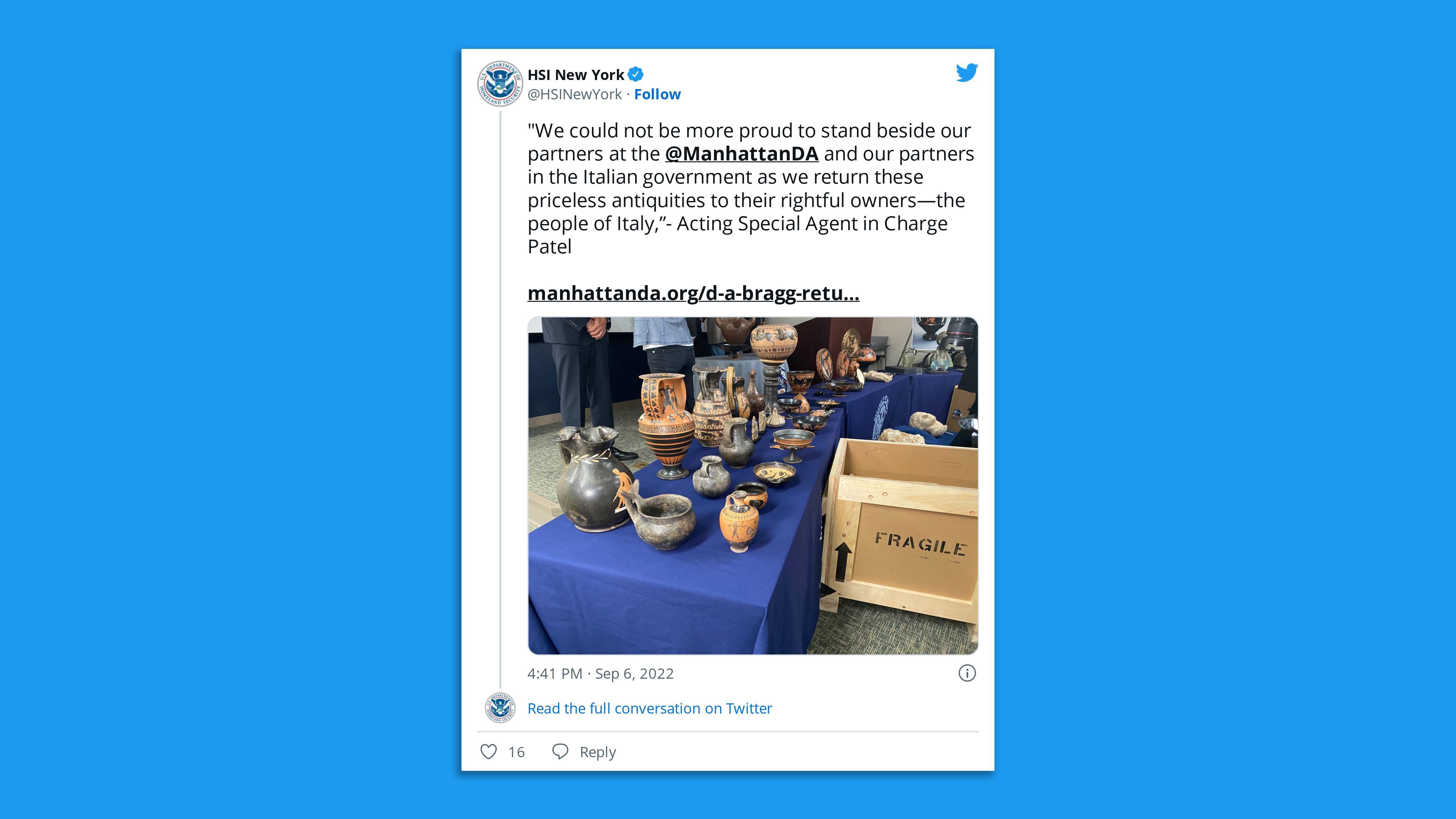 A screenshot of an HSI New York Twitter image of stolen artefacts returned to Italy.