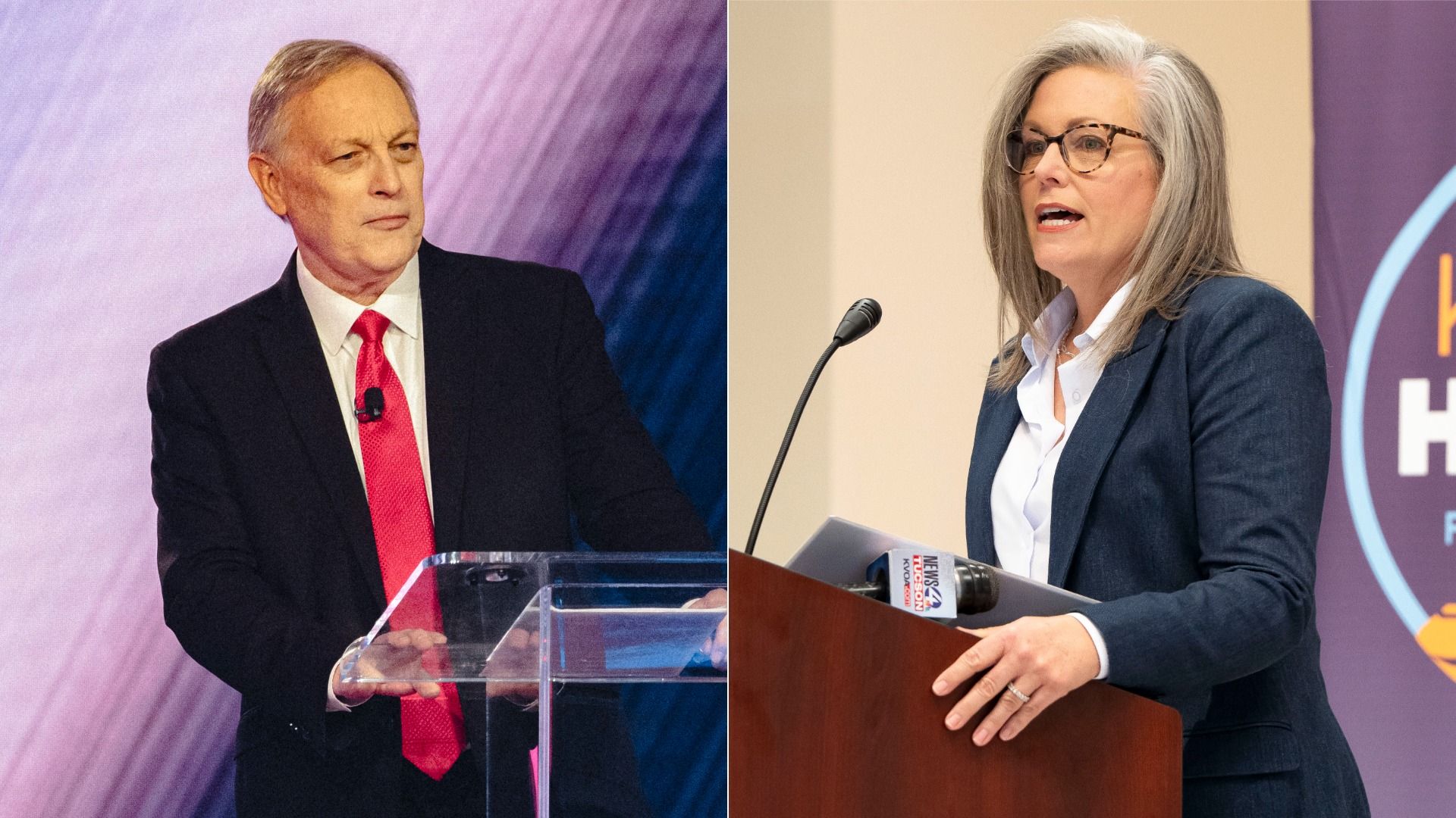 Side by side photos; on the left, a man in a dark suit, white shirt and red tie stands at a lectern against a multi-shaded purple background; on the right a woman in a dark blue jacket and white blouse speaks into a microphone at a lectern; a beige wall and part of a purple banner are behind her.