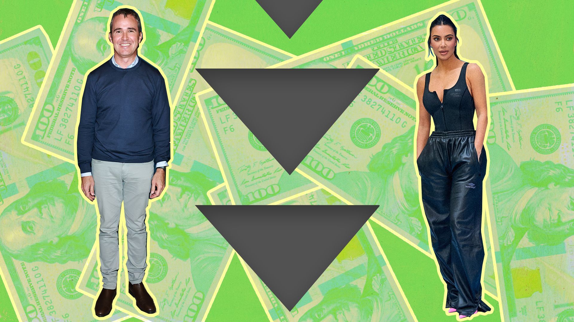 Photo illustration of Jay Sammons and Kim Kardashian in front of a pattern of scatted one hundred dollars bills and large graphic downward-pointing arrows.
