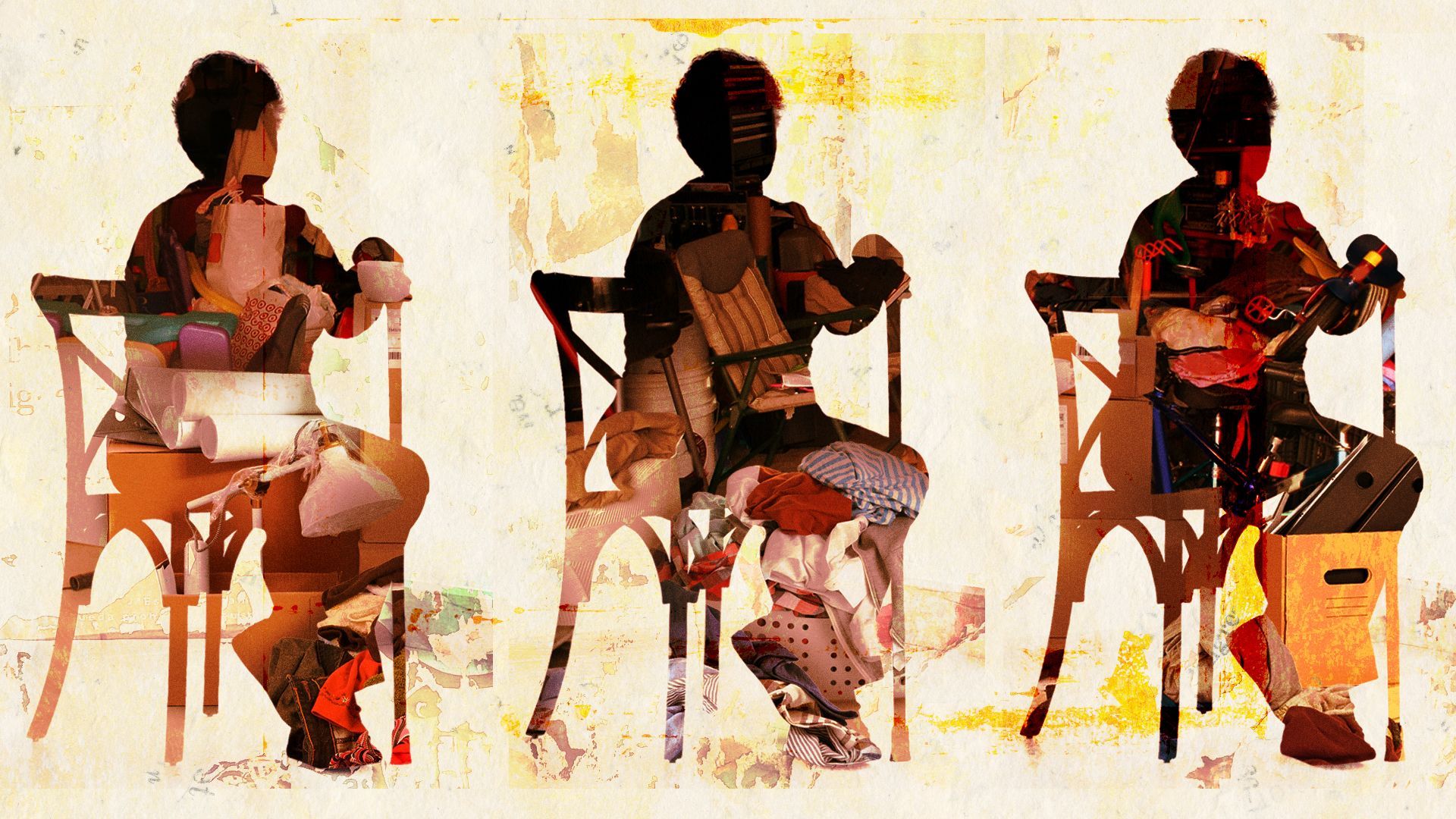 Illustration of a collage of three silhouettes of the same person sitting holding a cane; each body is filled with stuff.