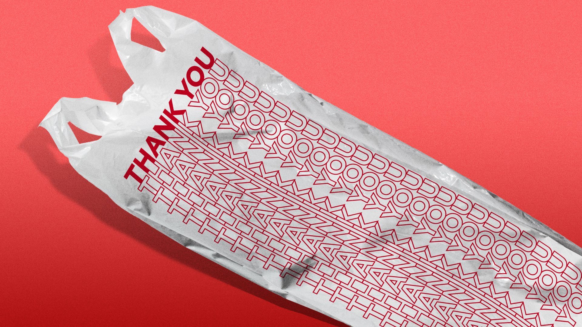 Illustration of a very long takeout bag with an endless stream of "Thank You." 