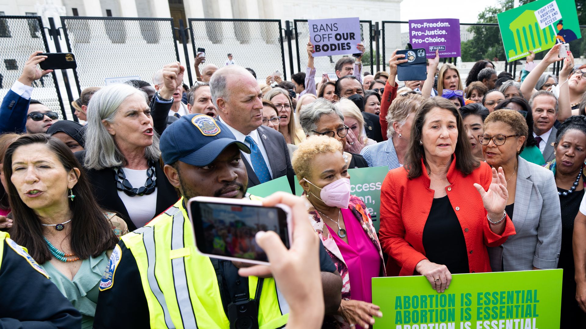 A large group of House Democrats speak in front of the Supreme Court on June 24.