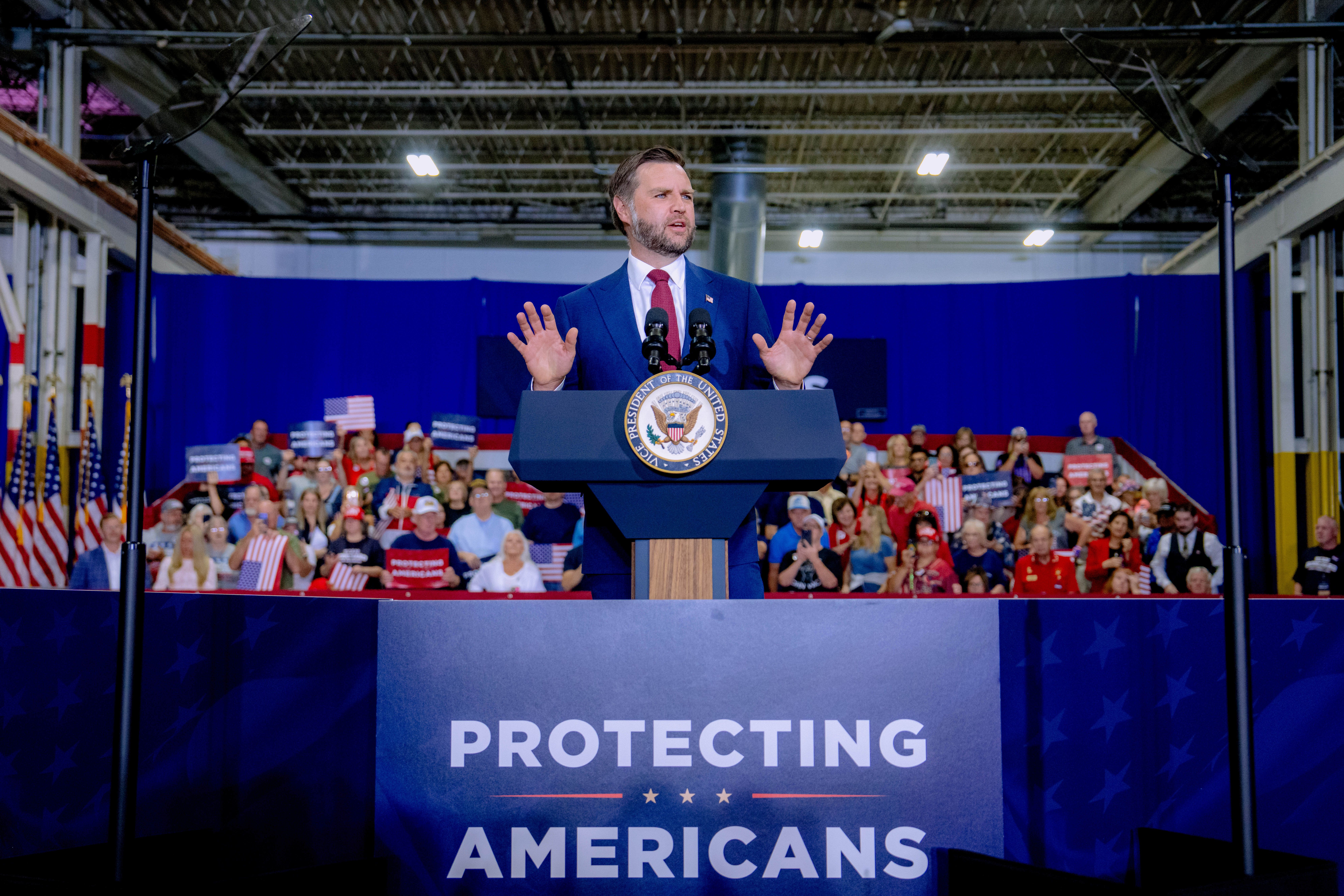U.S. Vice President JD Vance speaks during a rally at Universal Contracting and Urban Tree Trimming on August 31, 2026 in Sterling Heights, Michigan. The event featured multiple speakers who represent Michigan's Republican ticket for the 2026 election. (Photo by Nic Antaya/Getty Images)