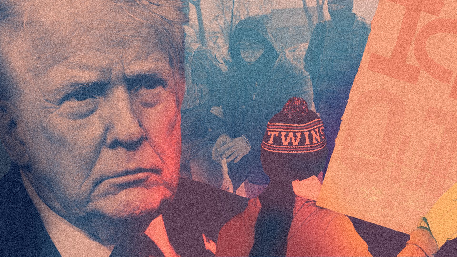 Photo illustration of President Trump next to an image of a protestor holding a sign that reads "Ice Out" in front of a photo of a person being arrested by ICE