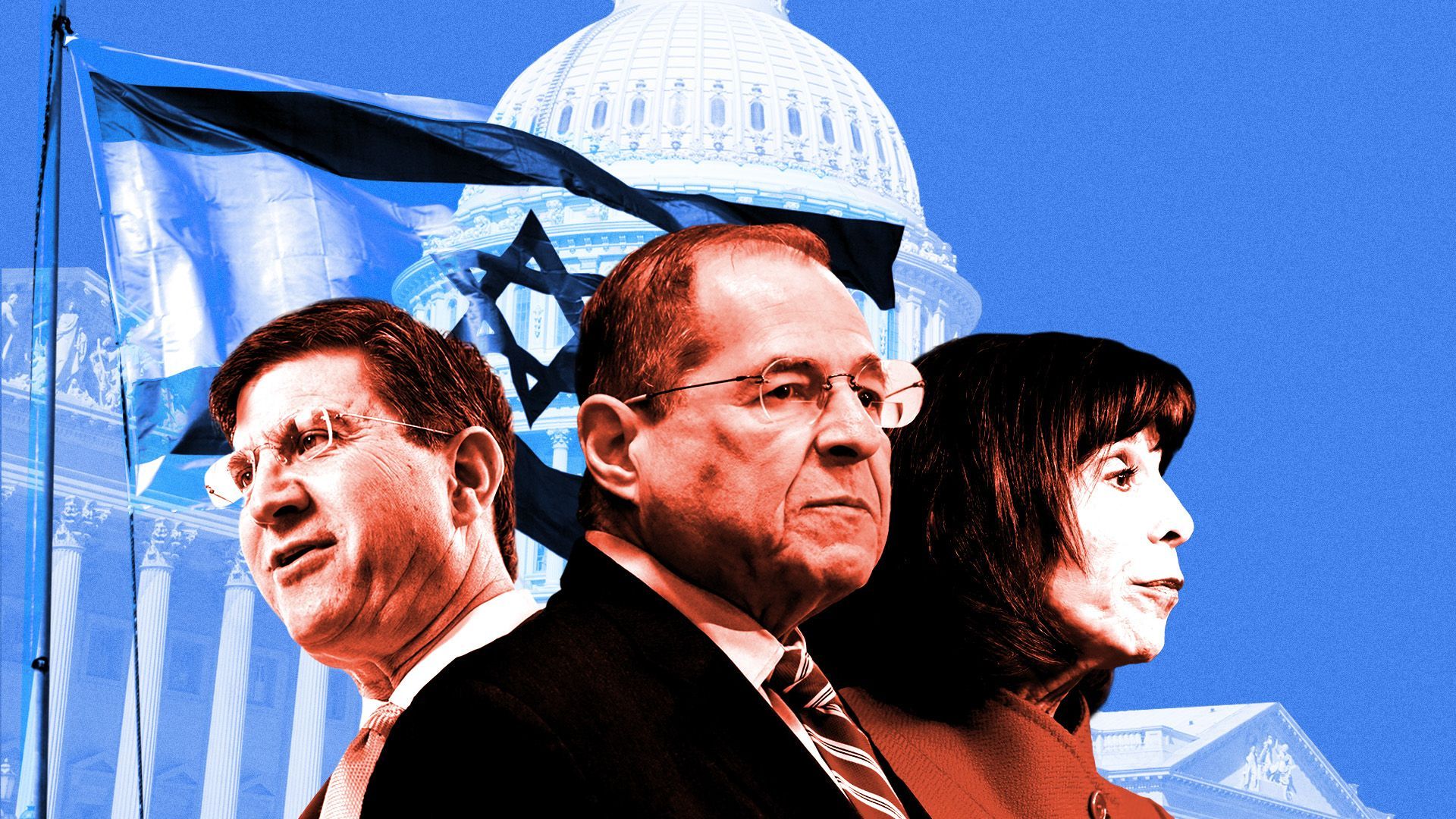 Photo illustration of Reps. Brad Schneider, Jerry Nadler, and Kathy Manning with an Israeli flag and Congress in the background Tags 