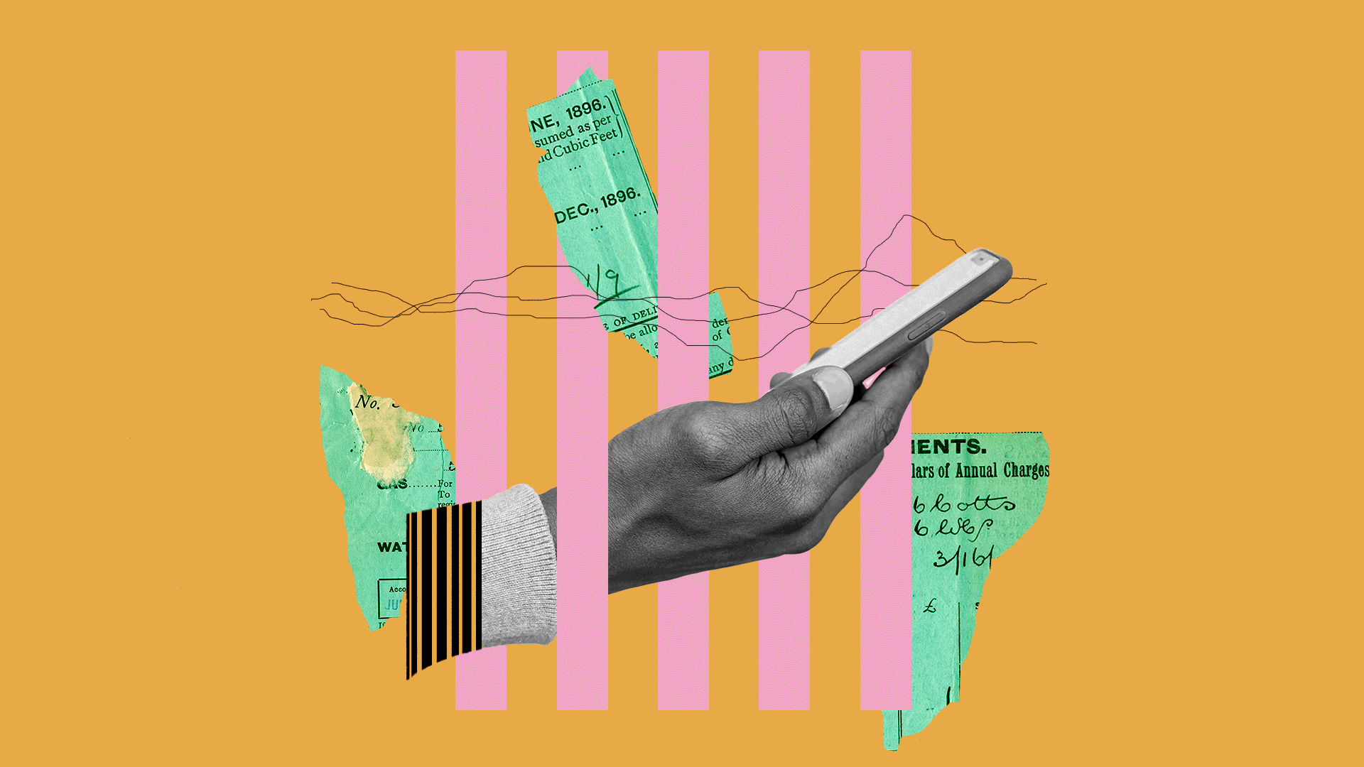 Animated illustrated collage of a hand holding a phone with hearts coming out of the screen surrounded by torn receipts, barcode patterns and lines.