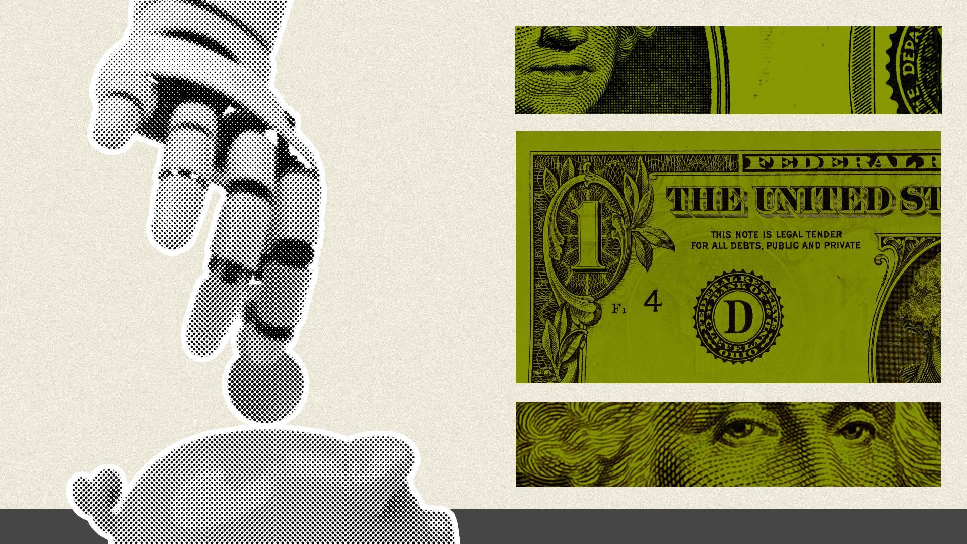 Illustration of a robot hand placing a coin inside a piggy bank with rectangles of dollar bills creating a geometric patten behind it