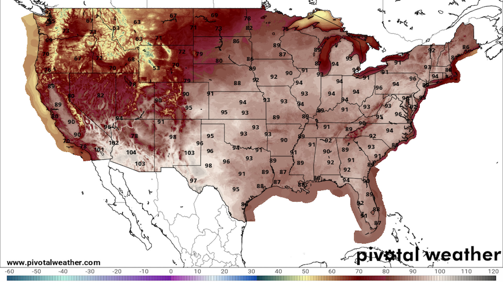Forecast high temperatures on June 18, showing widespread temperatures in the 90 from Arizona to New York. Image: NWS via Pivotal Weather