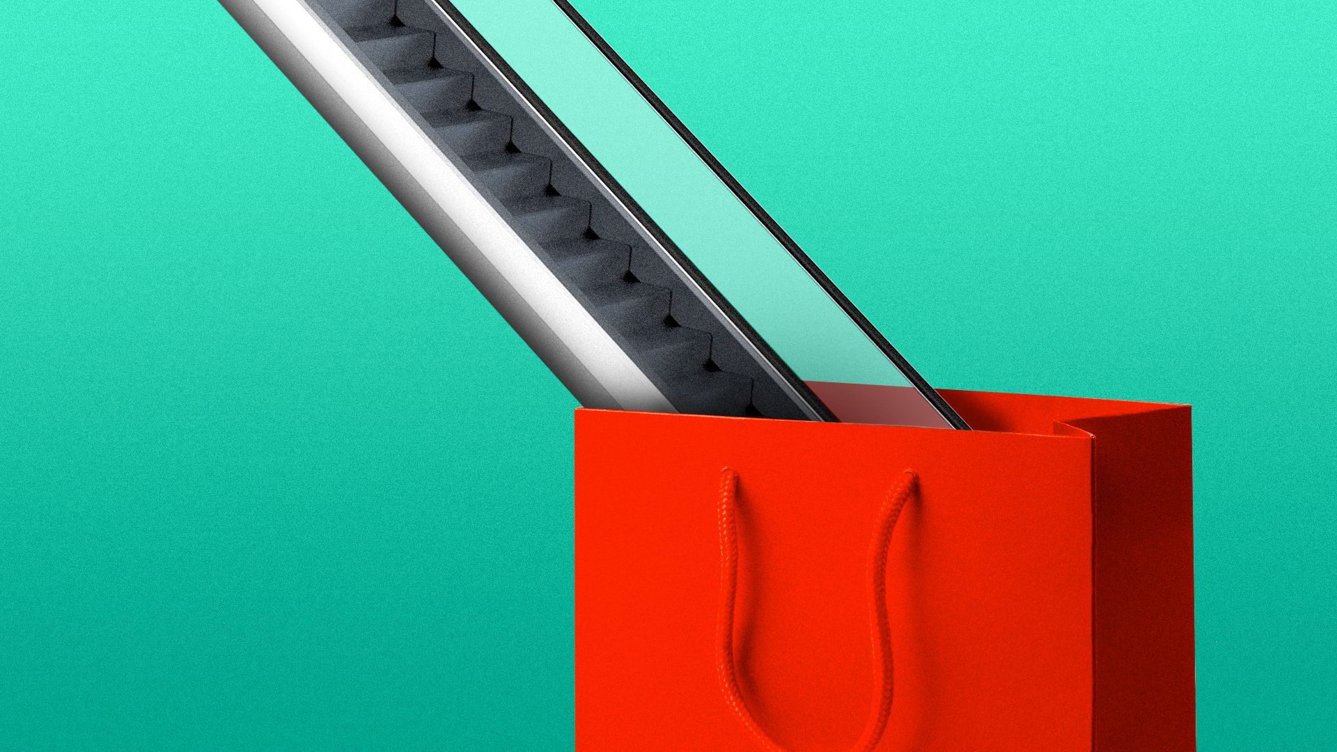 Illustration of an escalator leading up from a shopping bag.  