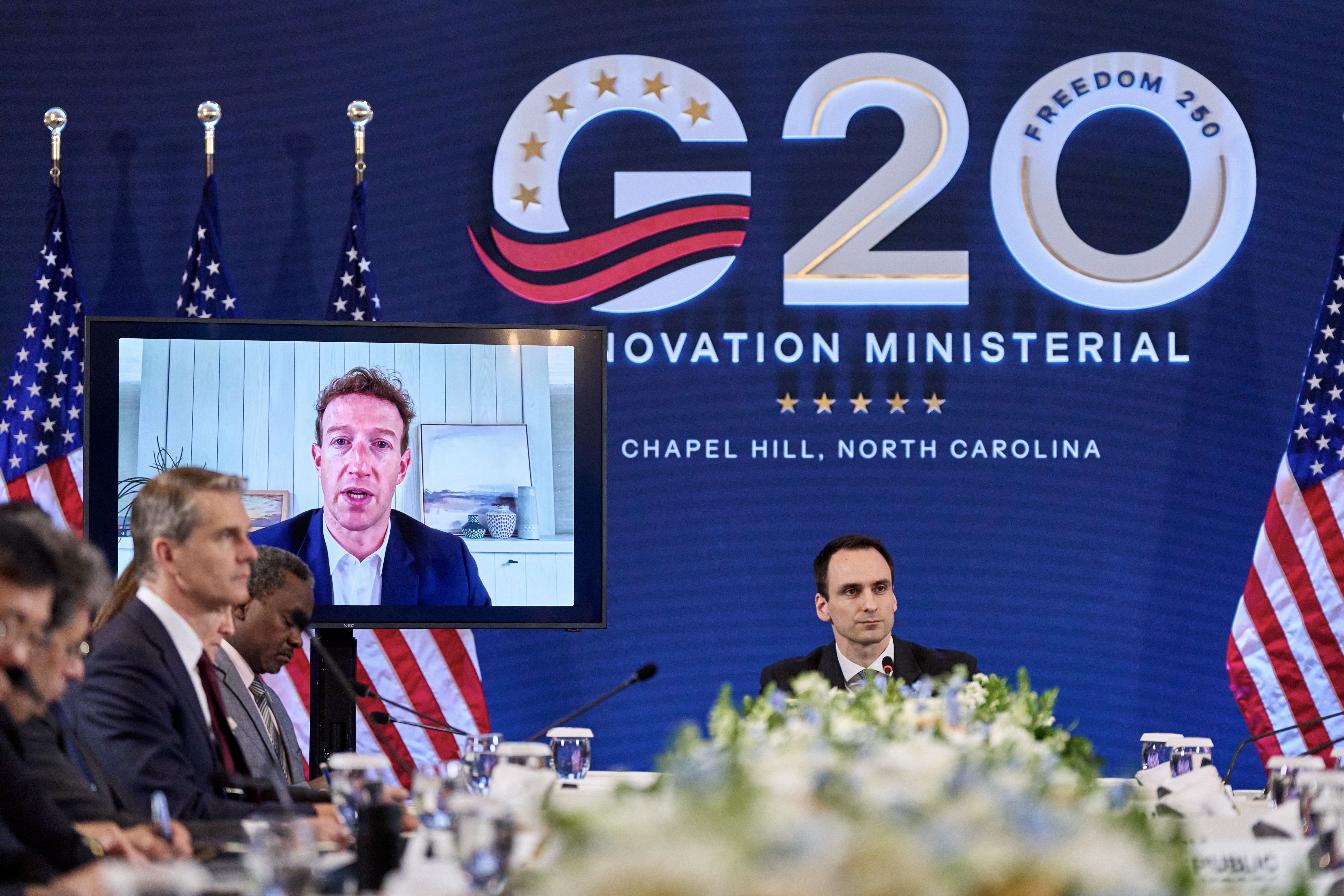 Meta CEO Mark Zuckerberg speaks virtually at the G20 innovation summit yesterday in Chapel Hill, N.C. 