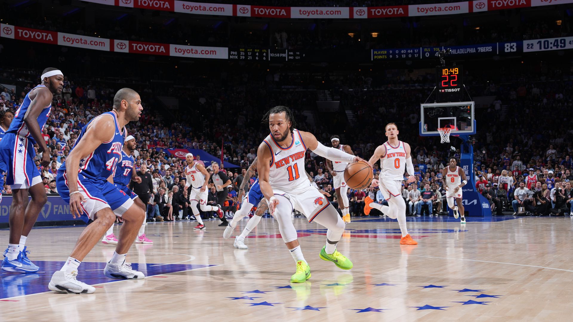 Jalen Brunson #11 of the New York Knicks dribbles the ball during the game against the Philadelphia 76ers during Round 1 Game 6 of the 2024 NBA Playoffs on May 2, 2024 at the Wells Fargo Center in Philadelphia