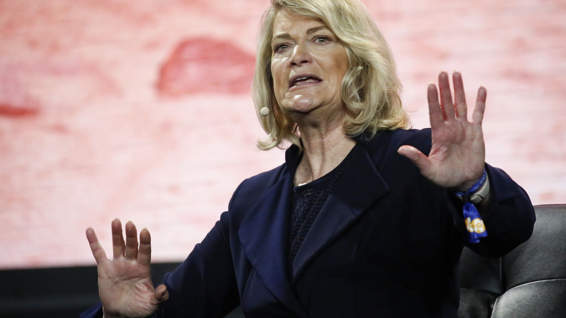 MIAMI, FLORIDA - APRIL 8: U.S. Sen Cynthia Lummis (R-WY) gestures as she speaks during the Bitcoin 2022 Conference at Miami Beach Convention Center.