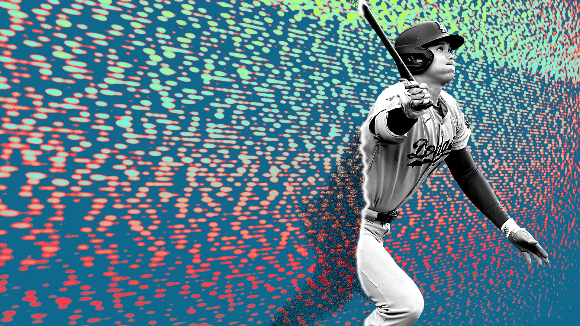 Photo illustration of Shohei Ohtani, having just gotten a hit, emerging from a colorful wall of static.